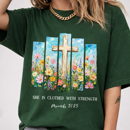 She Is Clothed With Strength Floral Cross Christian – Unisex Tshirt / Hoodie / Sweatshirt