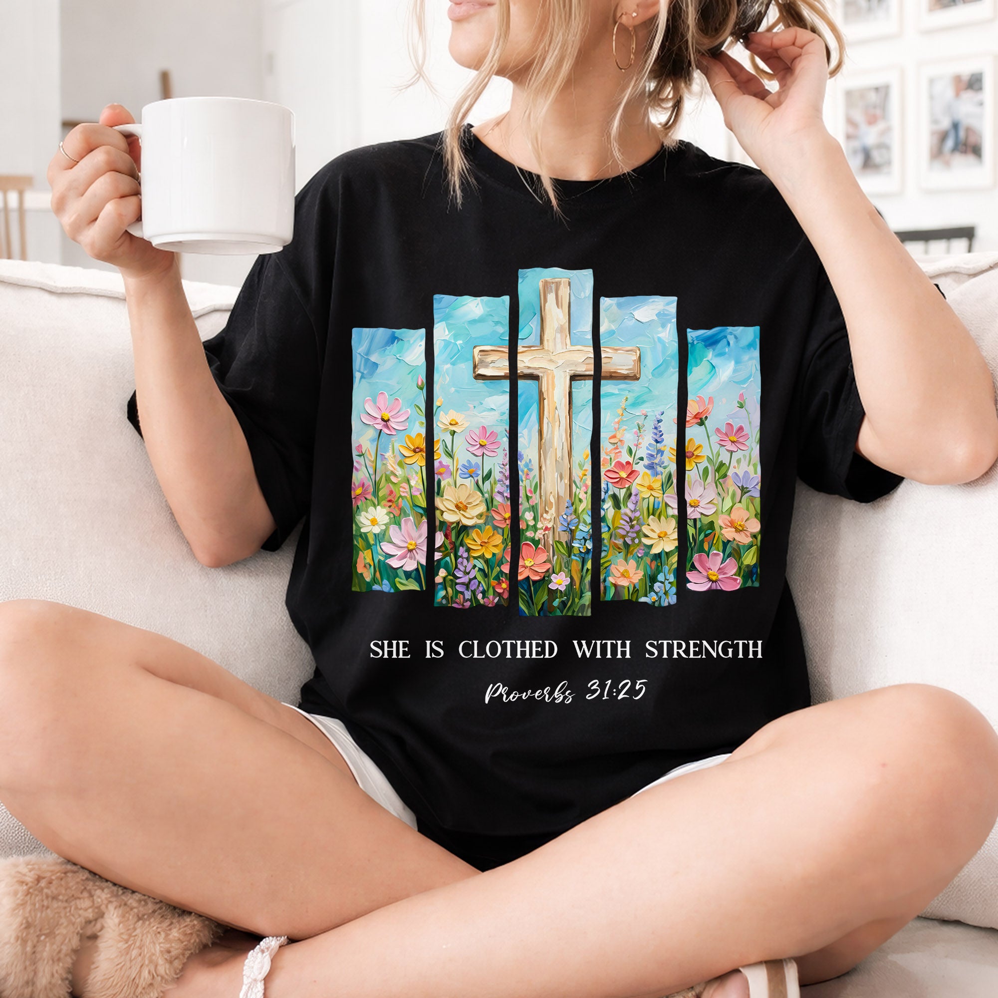 She Is Clothed With Strength Floral Cross Christian – Unisex Tshirt / Hoodie / Sweatshirt