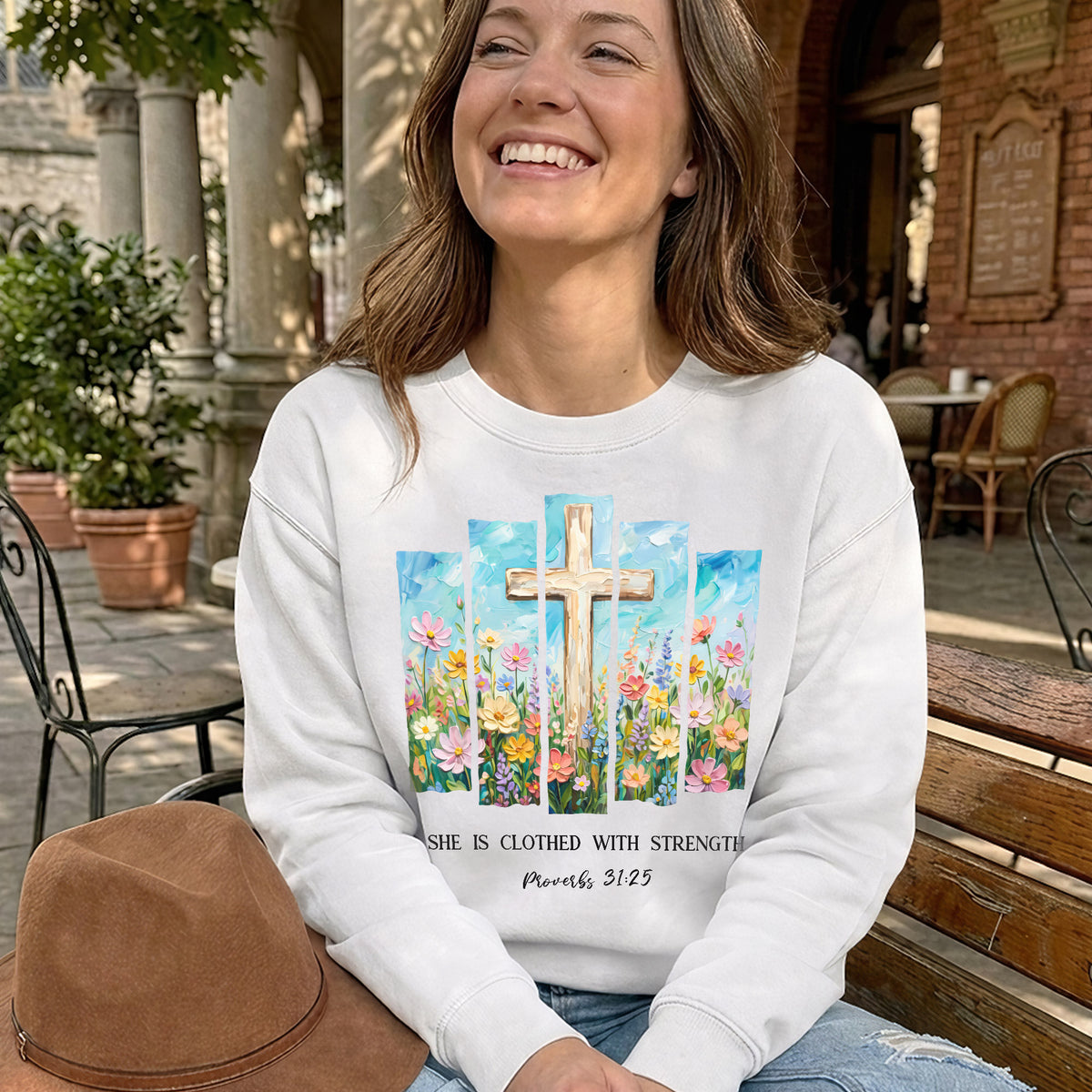 She Is Clothed With Strength Floral Cross Christian – Unisex Tshirt / Hoodie / Sweatshirt