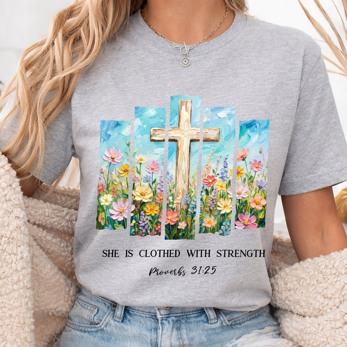 She Is Clothed With Strength Floral Cross Christian – Unisex Tshirt / Hoodie / Sweatshirt