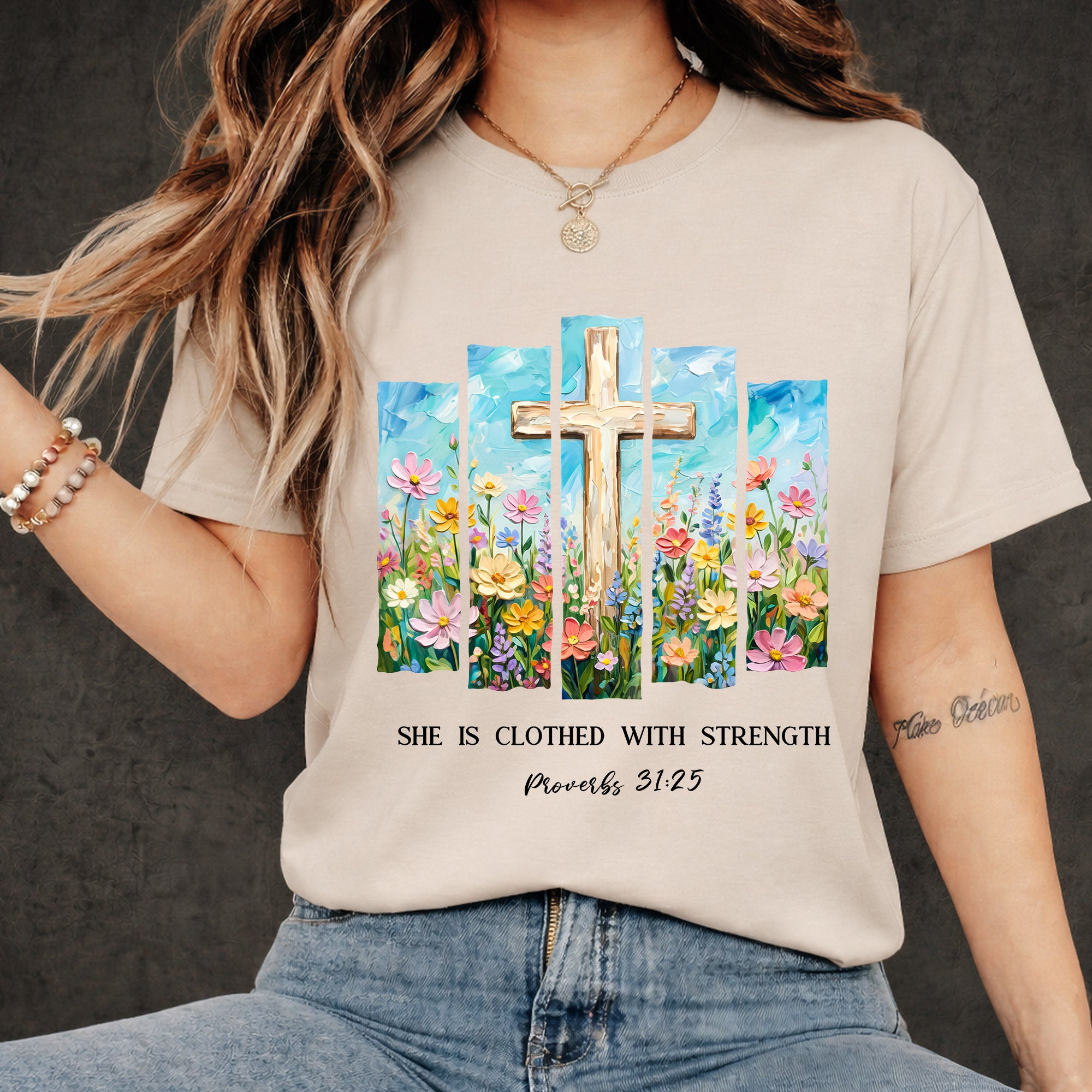 She Is Clothed With Strength Floral Cross Christian – Unisex Tshirt / Hoodie / Sweatshirt