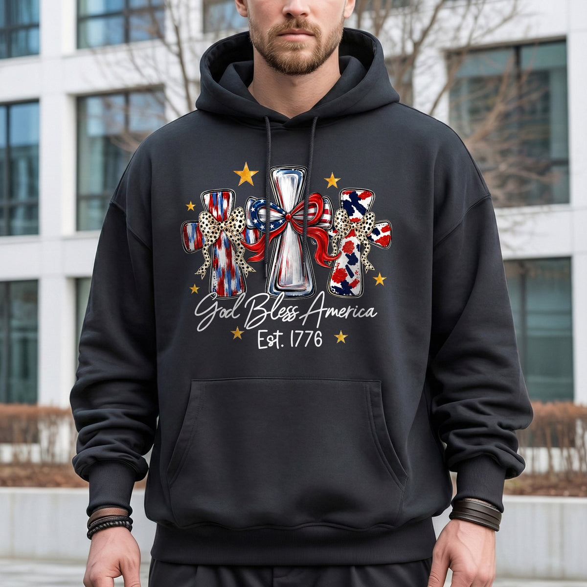 God Bless America T-Shirt, Patriotic Cross Distressed Flag  – Unisex Tshirt / Hoodie / Sweatshirt