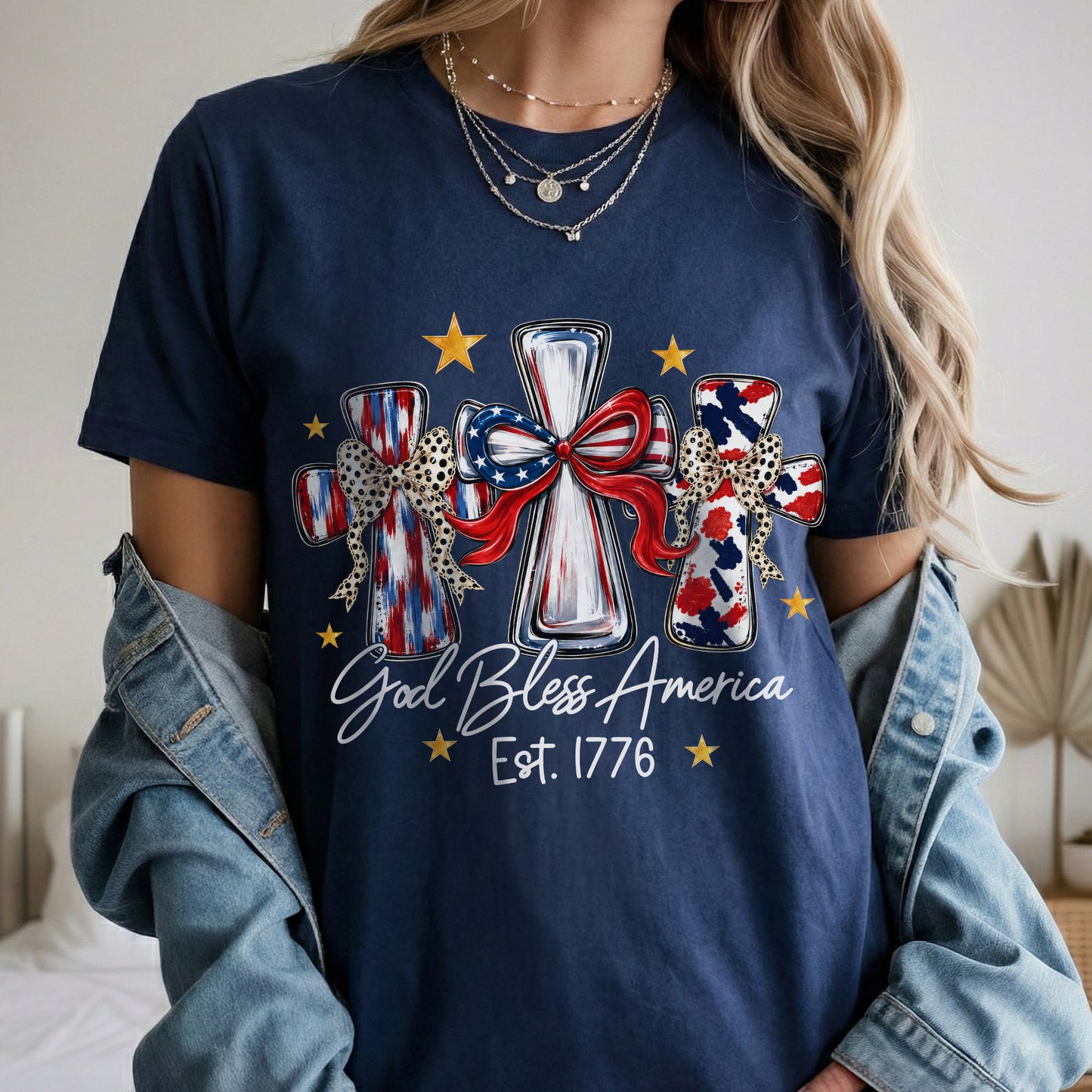 God Bless America T-Shirt, Patriotic Cross Distressed Flag  – Unisex Tshirt / Hoodie / Sweatshirt
