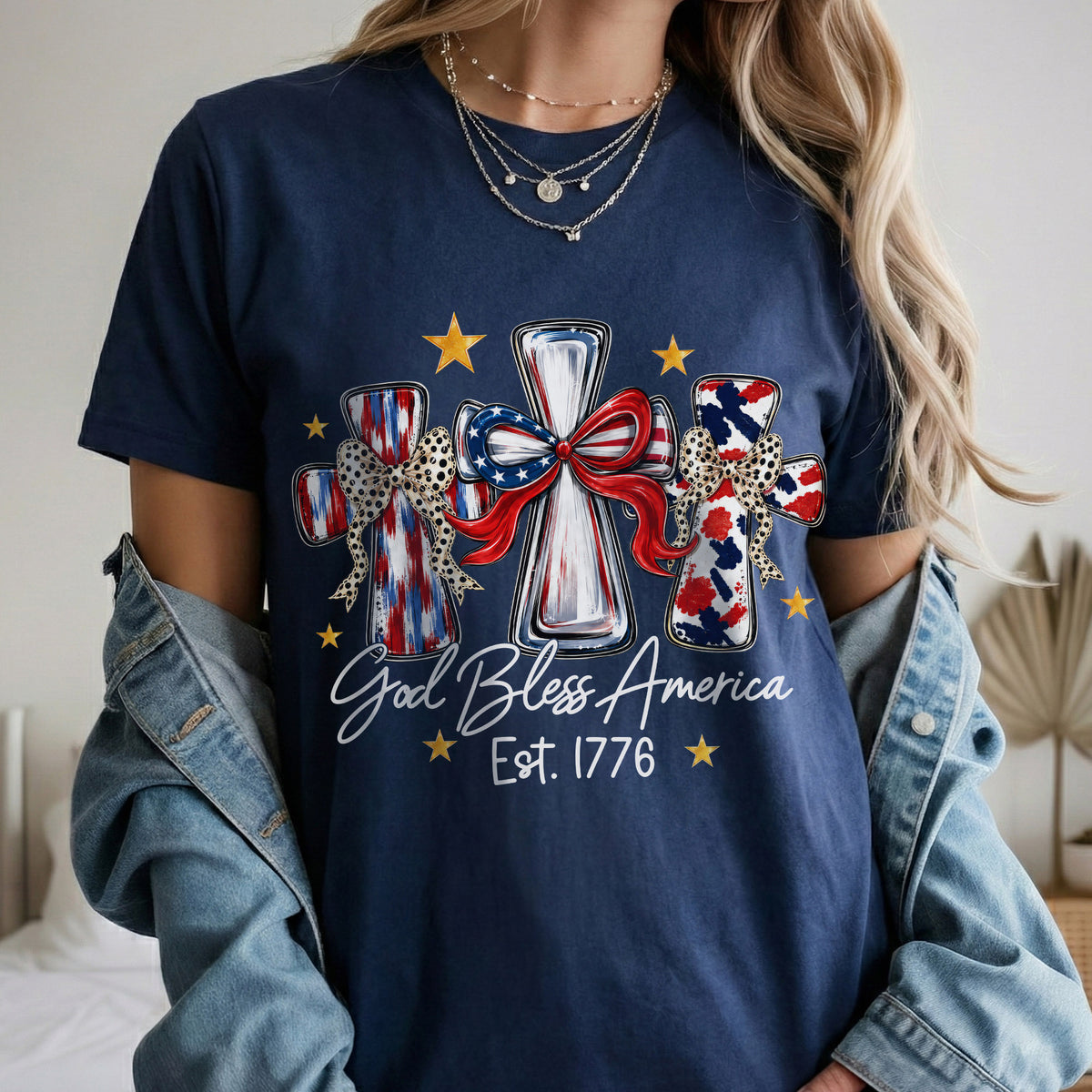 God Bless America T-Shirt, Patriotic Cross Distressed Flag  – Unisex Tshirt / Hoodie / Sweatshirt