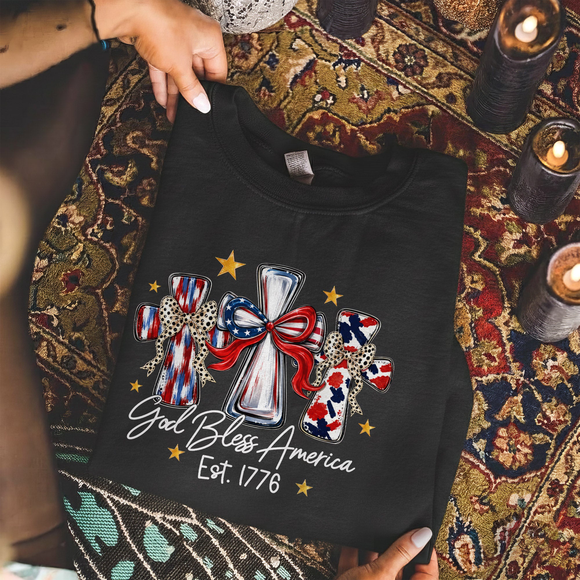 God Bless America T-Shirt, Patriotic Cross Distressed Flag  – Unisex Tshirt / Hoodie / Sweatshirt