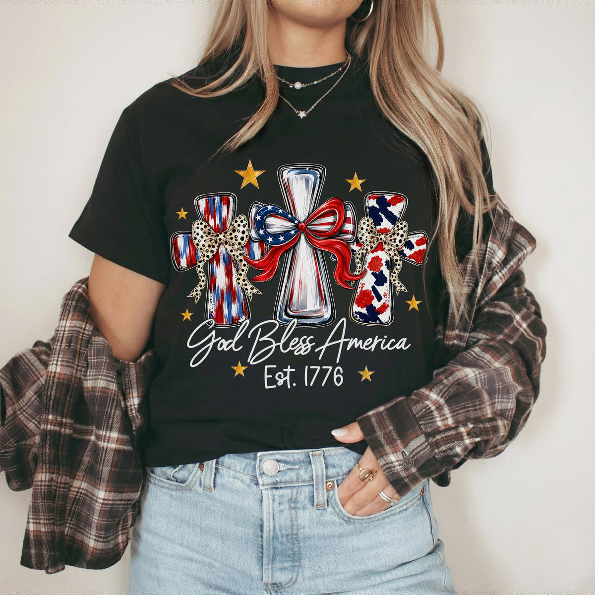 God Bless America T-Shirt, Patriotic Cross Distressed Flag  – Unisex Tshirt / Hoodie / Sweatshirt
