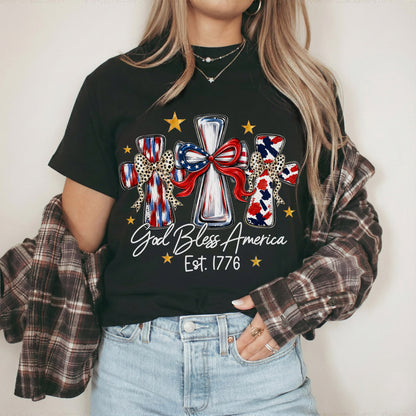 God Bless America T-Shirt, Patriotic Cross Distressed Flag  – Unisex Tshirt / Hoodie / Sweatshirt