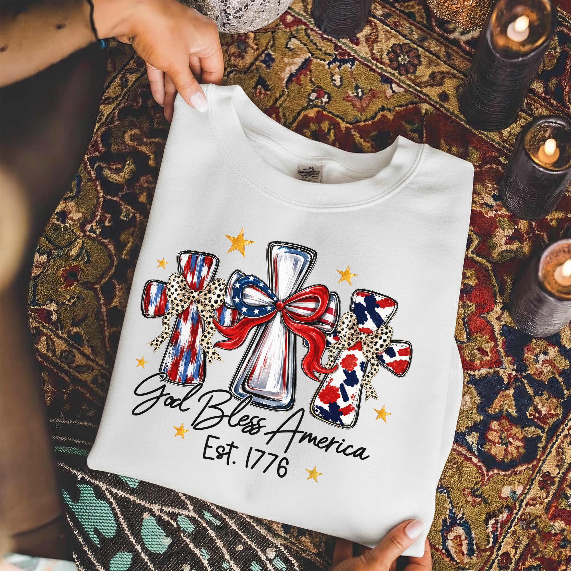 God Bless America T-Shirt, Patriotic Cross Distressed Flag  – Unisex Tshirt / Hoodie / Sweatshirt