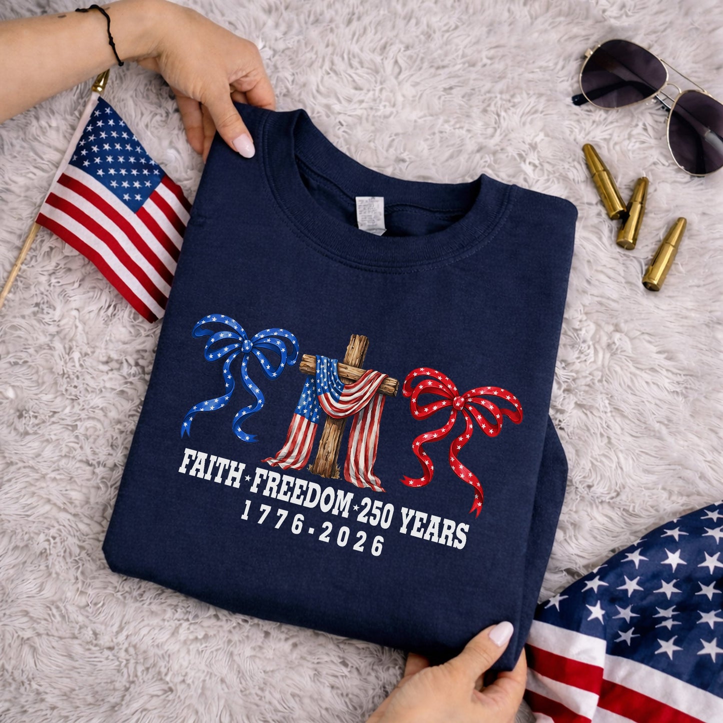 America 250 Faith & Freedom Cross Graphic – Faith & Freedom – Unisex Tshirt Gildan / Tshirt Comfort / V-neck/ Hoodie / Sweatshirt