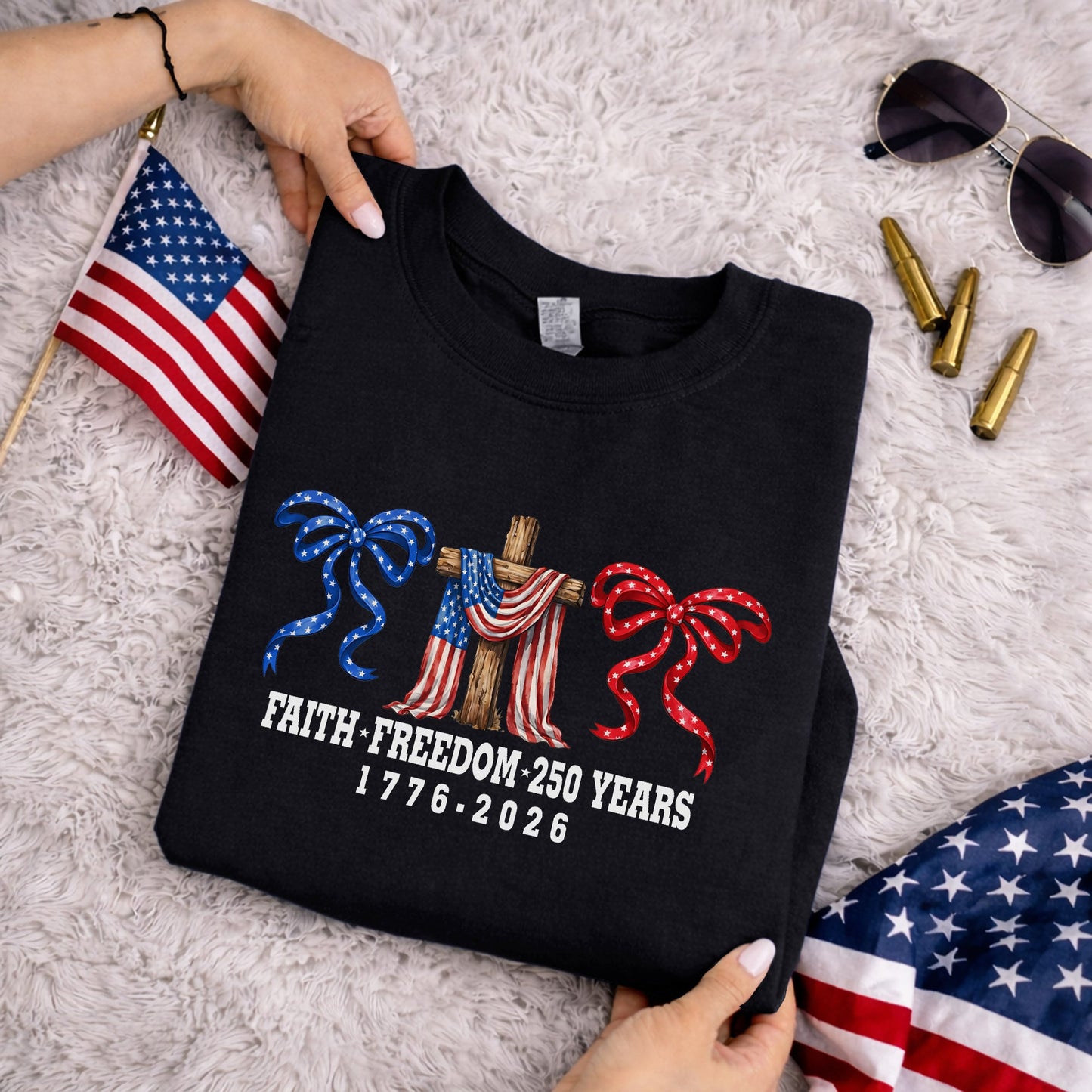 America 250 Faith & Freedom Cross Graphic – Faith & Freedom – Unisex Tshirt Gildan / Tshirt Comfort / V-neck/ Hoodie / Sweatshirt