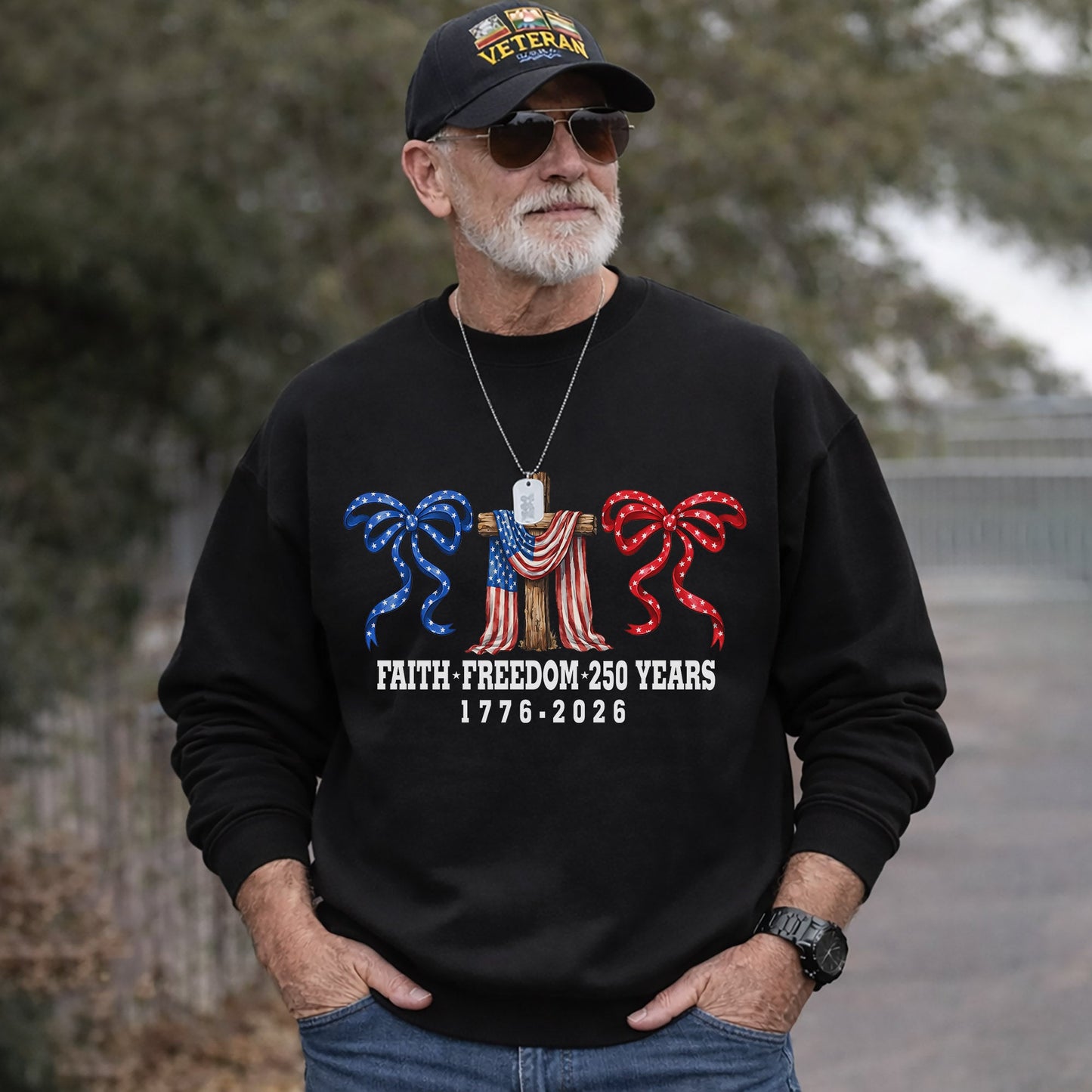 America 250 Faith & Freedom Cross Graphic – Faith & Freedom – Unisex Tshirt Gildan / Tshirt Comfort / V-neck/ Hoodie / Sweatshirt