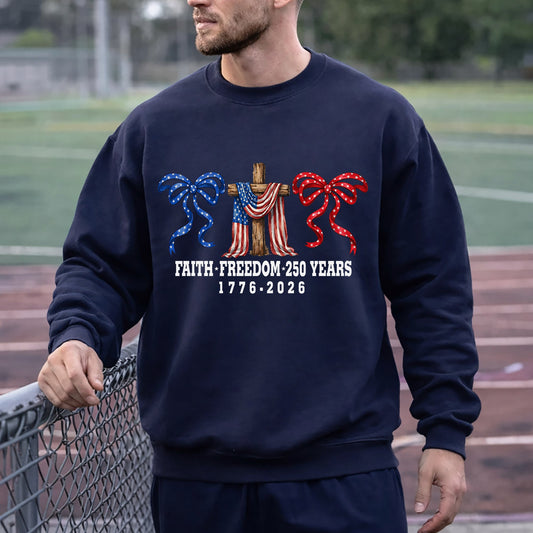 America 250 Faith & Freedom Cross Graphic – Faith & Freedom – Unisex Tshirt Gildan / Tshirt Comfort / V-neck/ Hoodie / Sweatshirt
