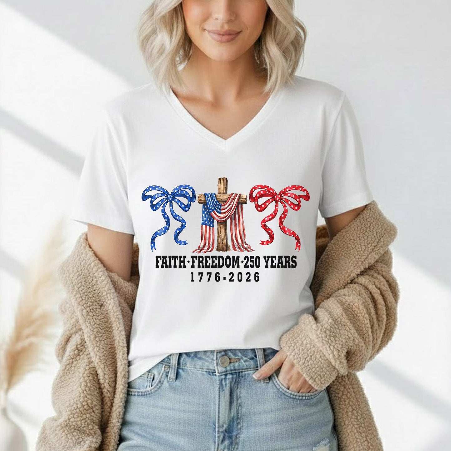 America 250 Faith & Freedom Cross Graphic – Faith & Freedom – Unisex Tshirt Gildan / Tshirt Comfort / V-neck/ Hoodie / Sweatshirt