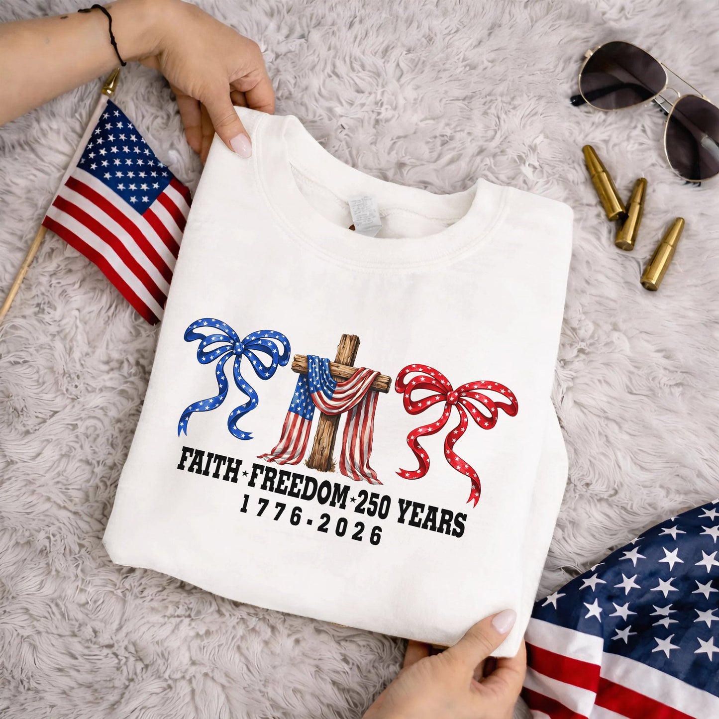 America 250 Faith & Freedom Cross Graphic – Faith & Freedom – Unisex Tshirt Gildan / Tshirt Comfort / V-neck/ Hoodie / Sweatshirt