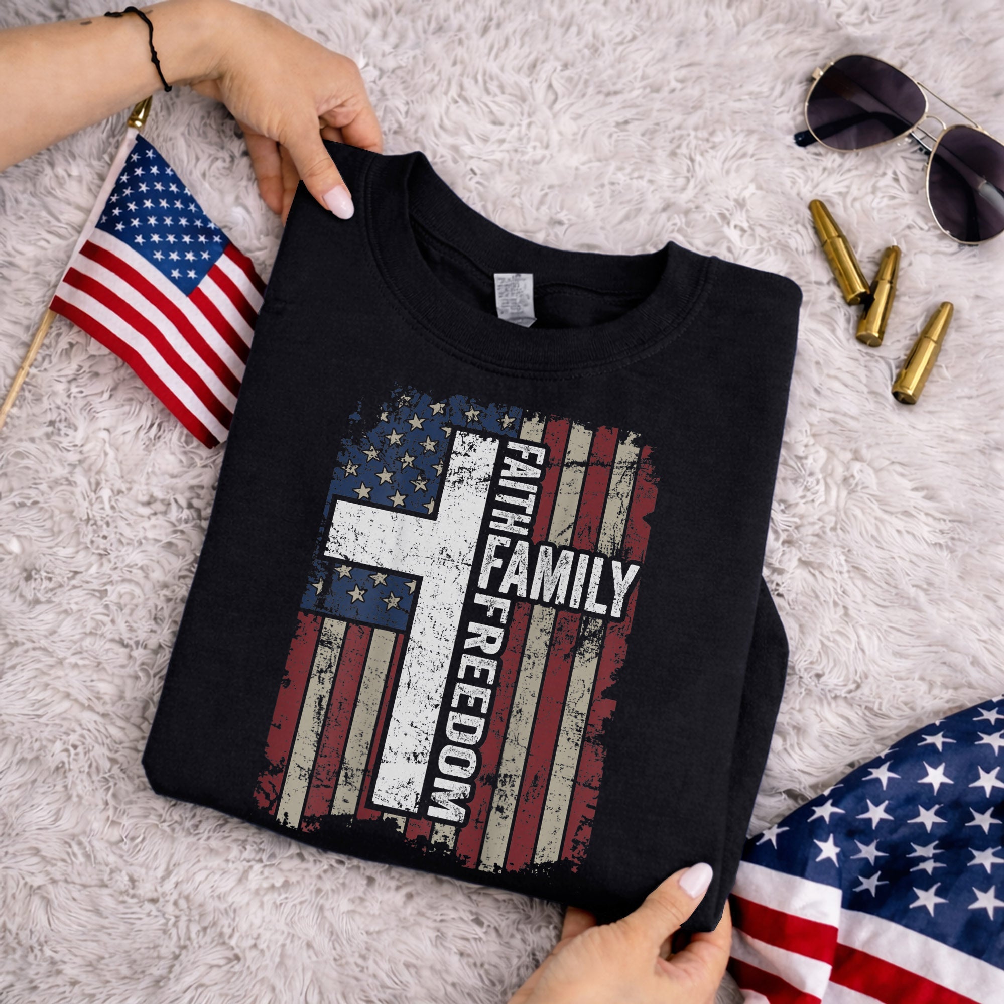 Faith, Family, Freedom – Faith & Freedom – Unisex Tshirt Gildan / Tshirt Comfort / V-neck/ Hoodie / Sweatshirt