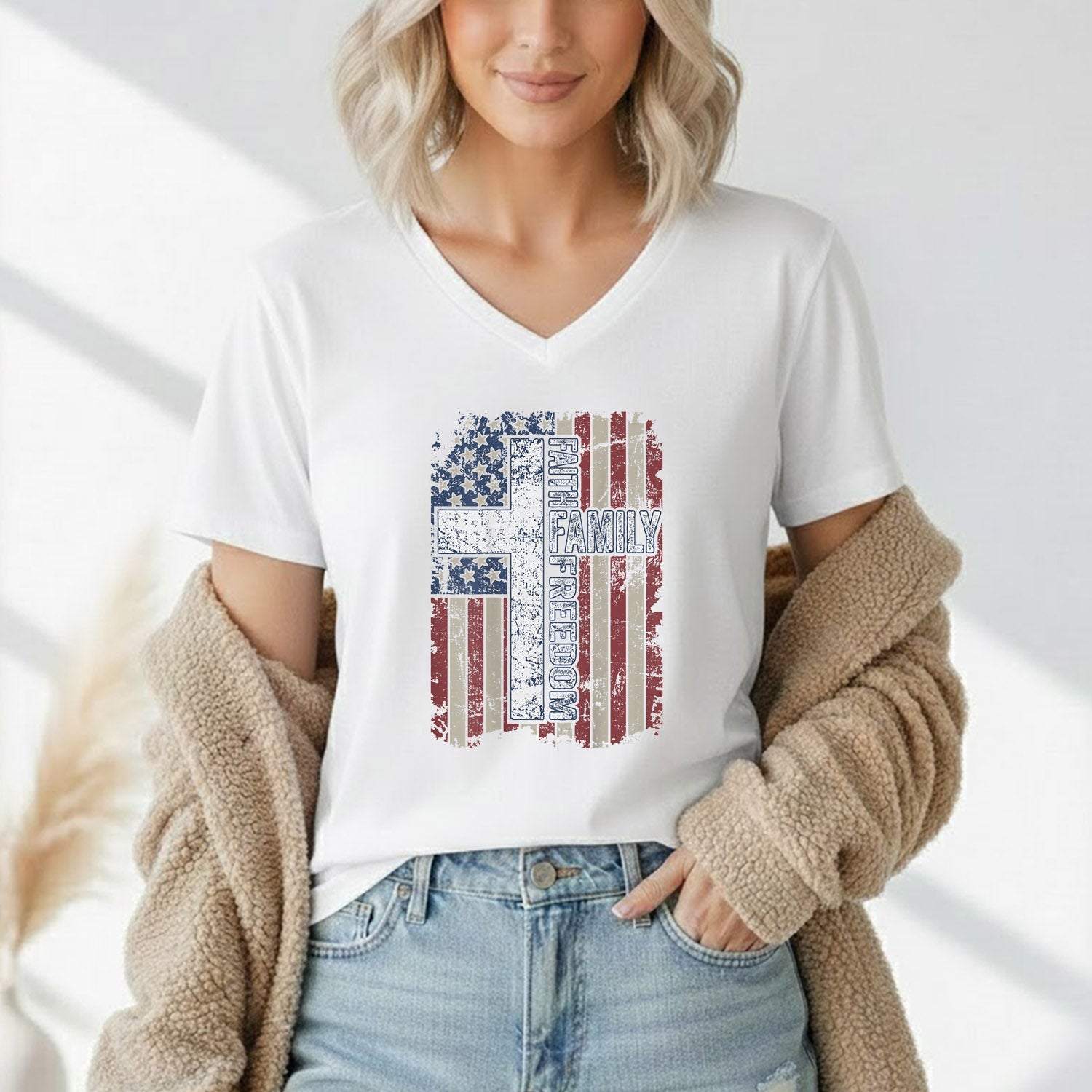 Faith, Family, Freedom – Faith & Freedom – Unisex Tshirt Gildan / Tshirt Comfort / V-neck/ Hoodie / Sweatshirt