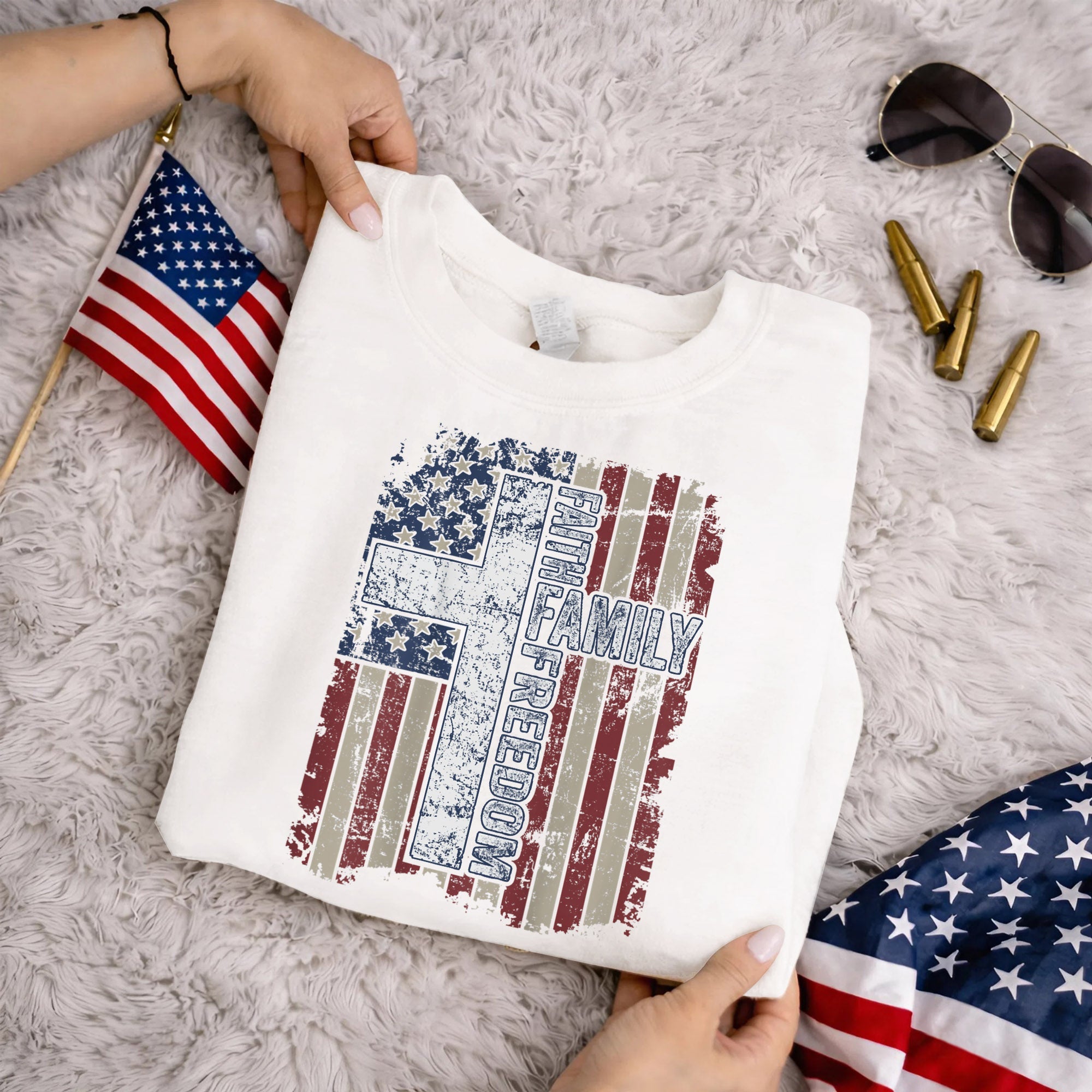 Faith, Family, Freedom – Faith & Freedom – Unisex Tshirt Gildan / Tshirt Comfort / V-neck/ Hoodie / Sweatshirt