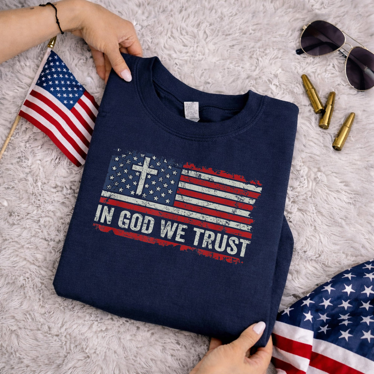 In God We Trust Cross American Flag – Faith & Freedom – Unisex Tshirt Gildan / Tshirt Comfort / V-neck/ Hoodie / Sweatshirt