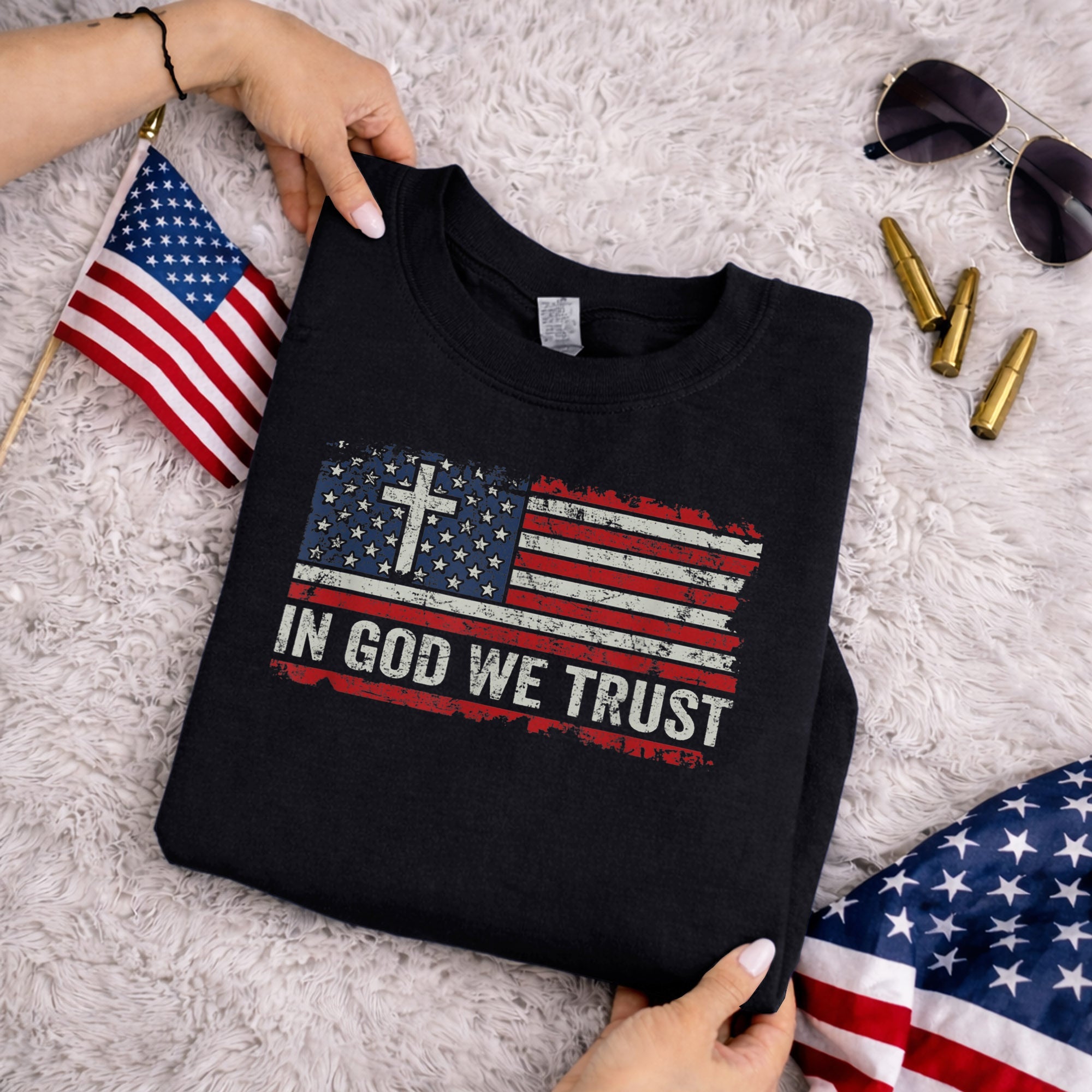 In God We Trust Cross American Flag – Faith & Freedom – Unisex Tshirt Gildan / Tshirt Comfort / V-neck/ Hoodie / Sweatshirt