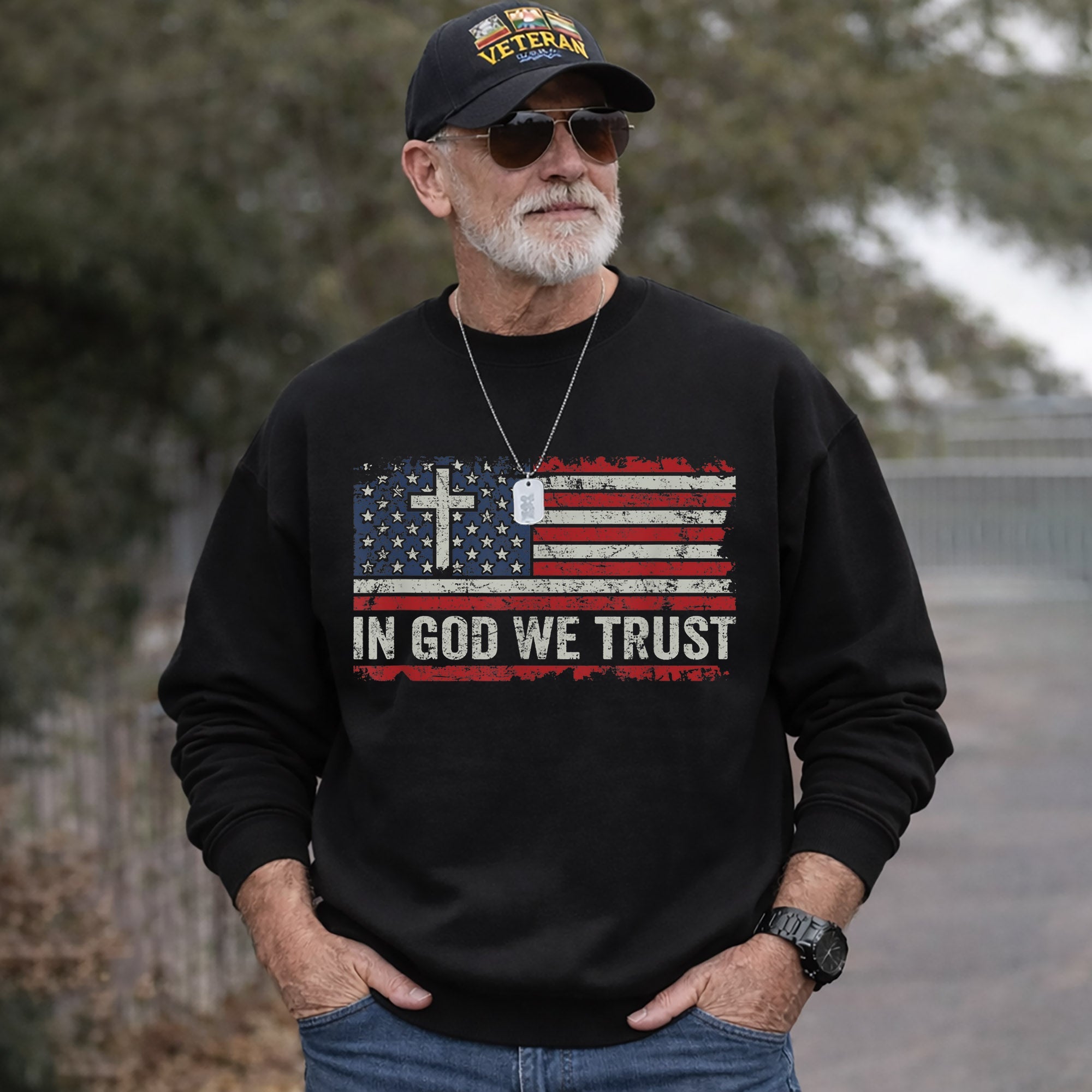 In God We Trust Cross American Flag – Faith & Freedom – Unisex Tshirt Gildan / Tshirt Comfort / V-neck/ Hoodie / Sweatshirt