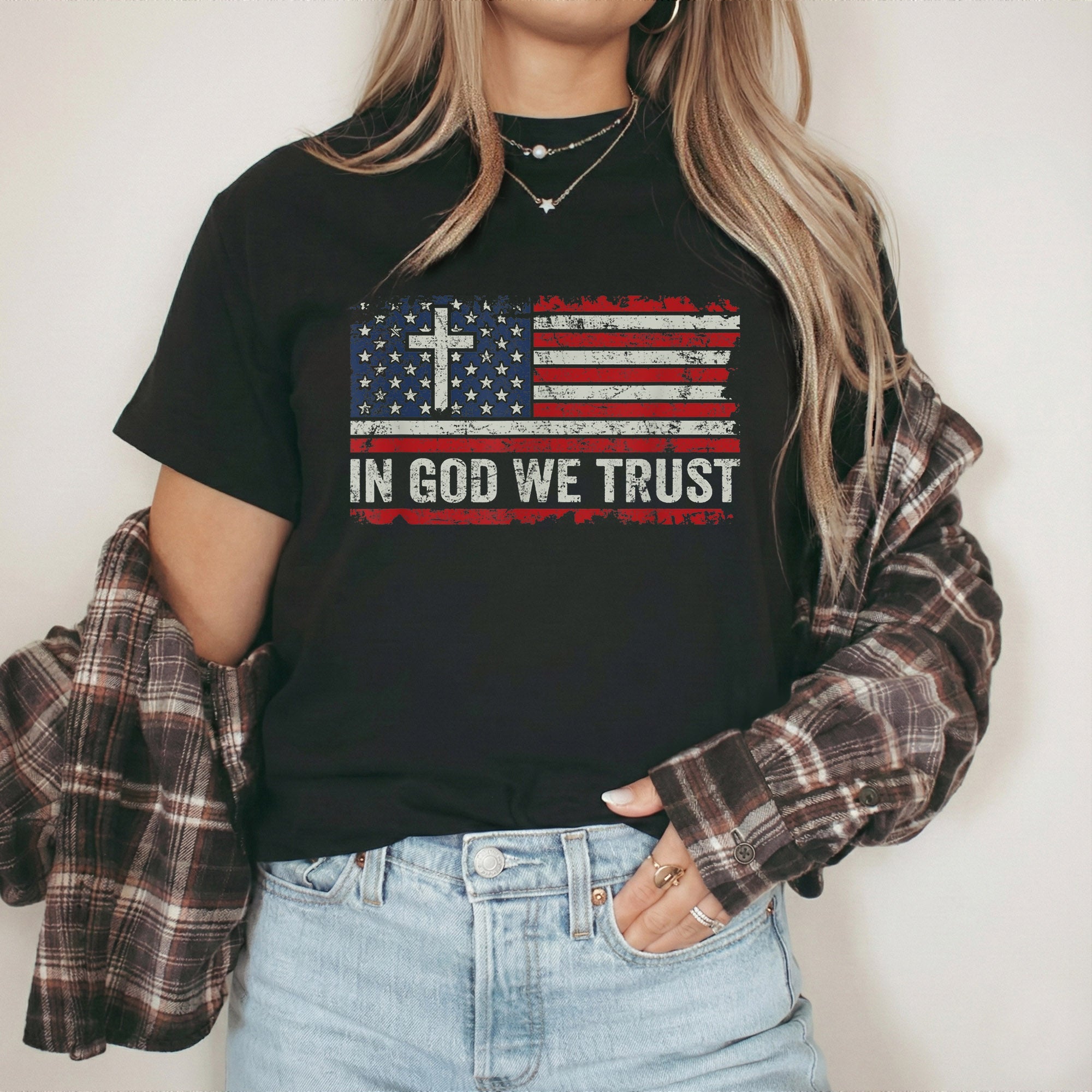 In God We Trust Cross American Flag – Faith & Freedom – Unisex Tshirt Gildan / Tshirt Comfort / V-neck/ Hoodie / Sweatshirt