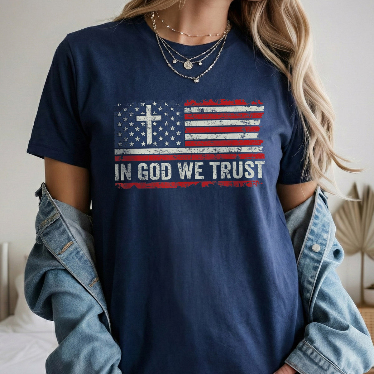 In God We Trust Cross American Flag – Faith & Freedom – Unisex Tshirt Gildan / Tshirt Comfort / V-neck/ Hoodie / Sweatshirt