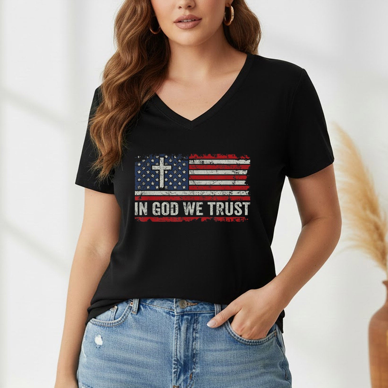 In God We Trust Cross American Flag – Faith & Freedom – Unisex Tshirt Gildan / Tshirt Comfort / V-neck/ Hoodie / Sweatshirt