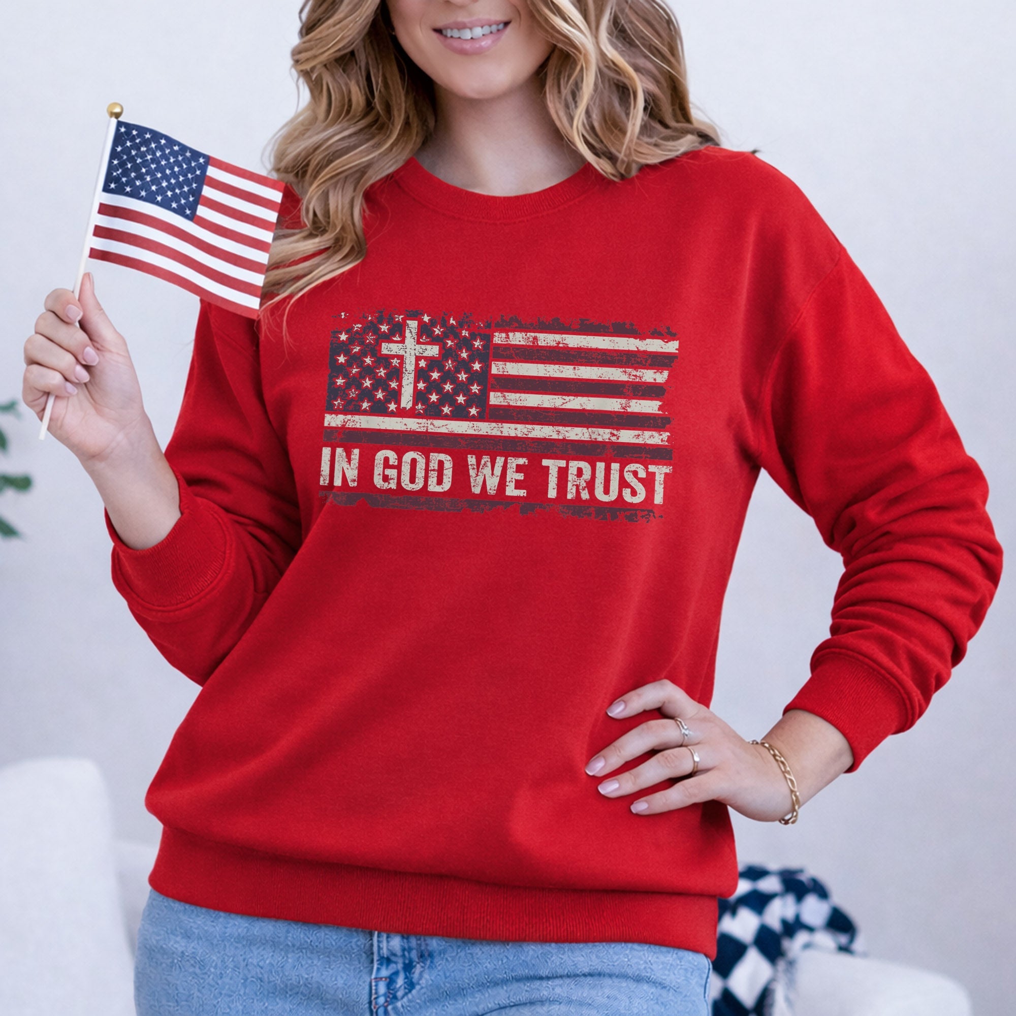 In God We Trust Cross American Flag – Faith & Freedom – Unisex Tshirt Gildan / Tshirt Comfort / V-neck/ Hoodie / Sweatshirt