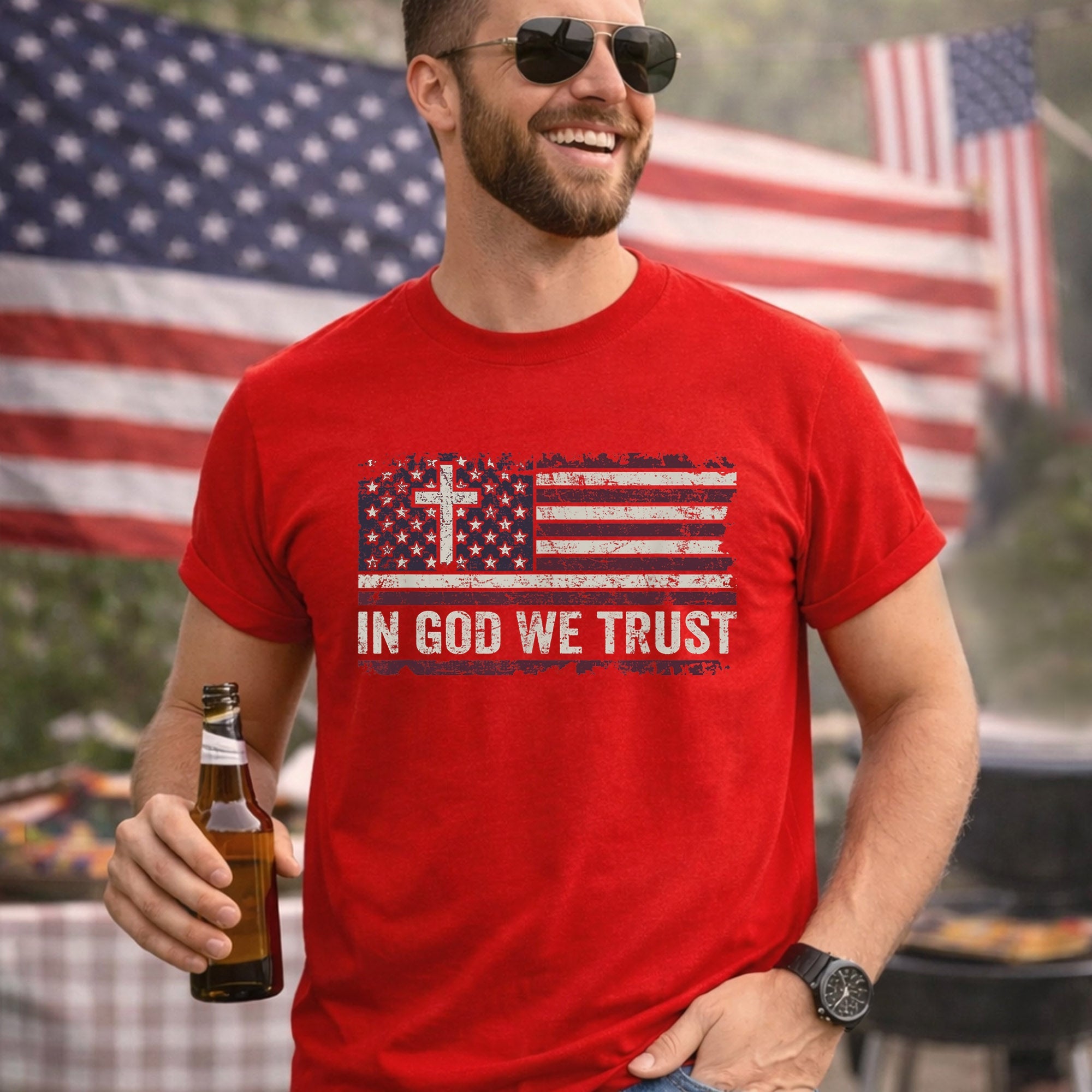 In God We Trust Cross American Flag – Faith & Freedom – Unisex Tshirt Gildan / Tshirt Comfort / V-neck/ Hoodie / Sweatshirt