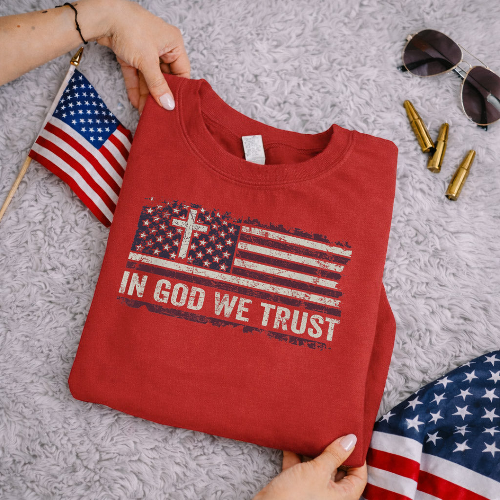 In God We Trust Cross American Flag – Faith & Freedom – Unisex Tshirt Gildan / Tshirt Comfort / V-neck/ Hoodie / Sweatshirt