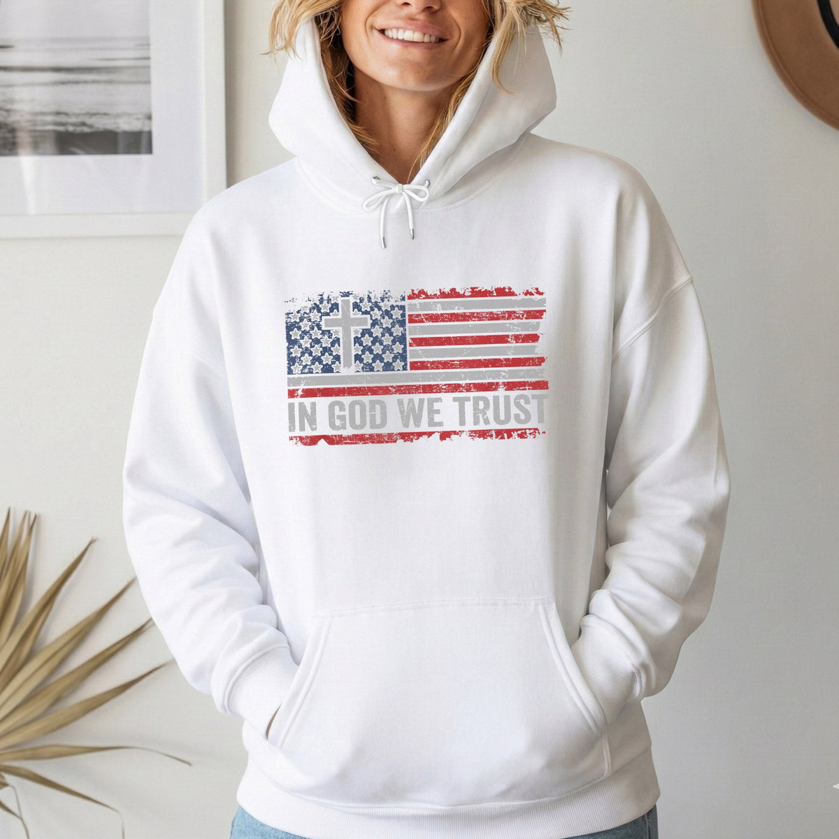 In God We Trust Cross American Flag – Faith & Freedom – Unisex Tshirt Gildan / Tshirt Comfort / V-neck/ Hoodie / Sweatshirt