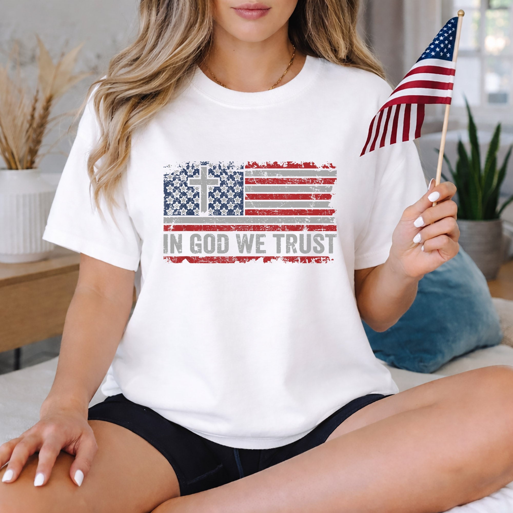In God We Trust Cross American Flag – Faith & Freedom – Unisex Tshirt Gildan / Tshirt Comfort / V-neck/ Hoodie / Sweatshirt