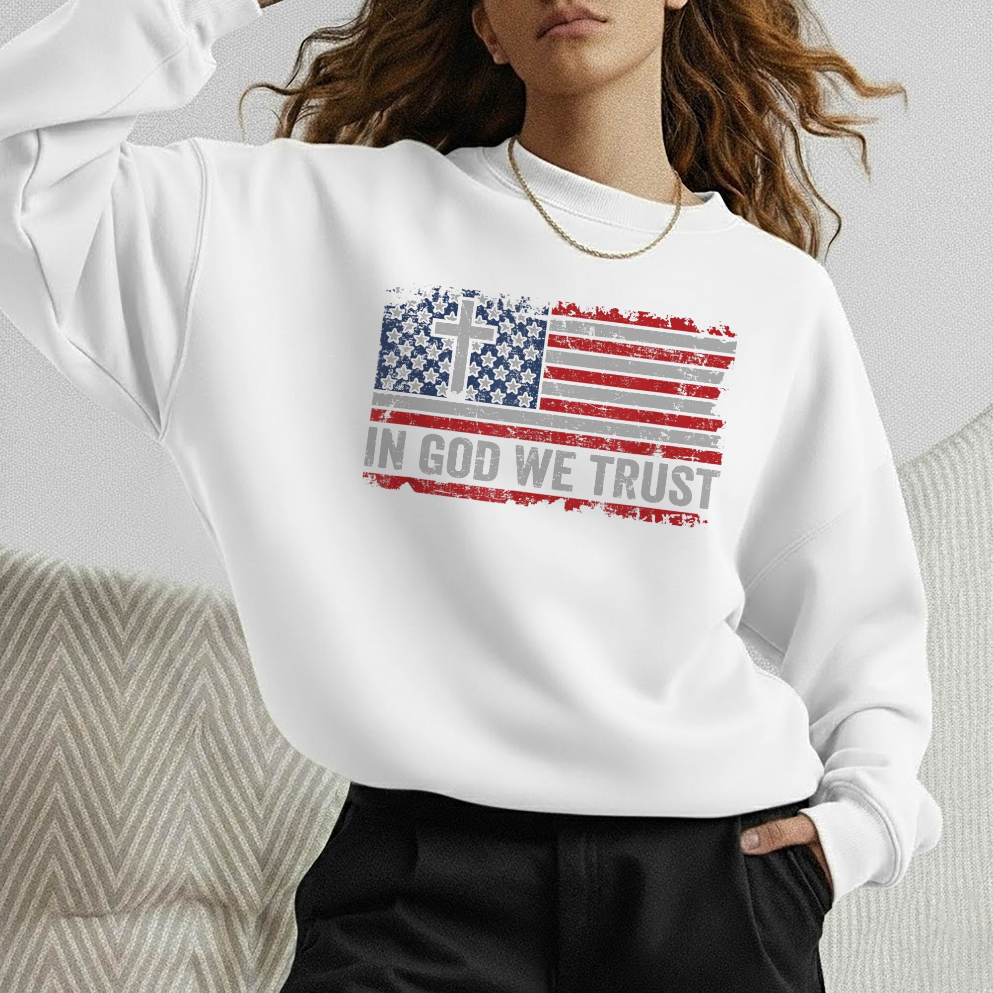 In God We Trust Cross American Flag – Faith & Freedom – Unisex Tshirt Gildan / Tshirt Comfort / V-neck/ Hoodie / Sweatshirt
