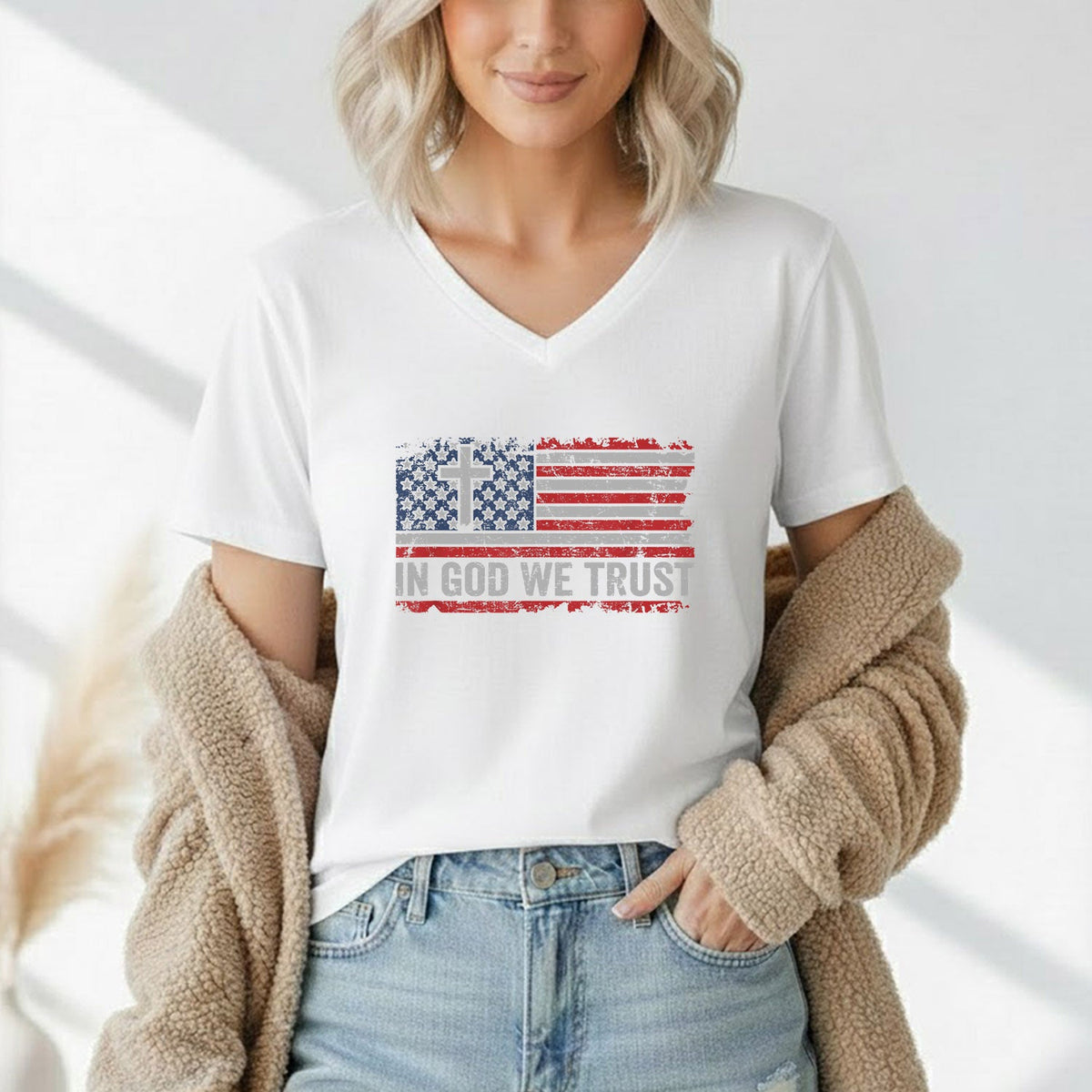 In God We Trust Cross American Flag – Faith & Freedom – Unisex Tshirt Gildan / Tshirt Comfort / V-neck/ Hoodie / Sweatshirt