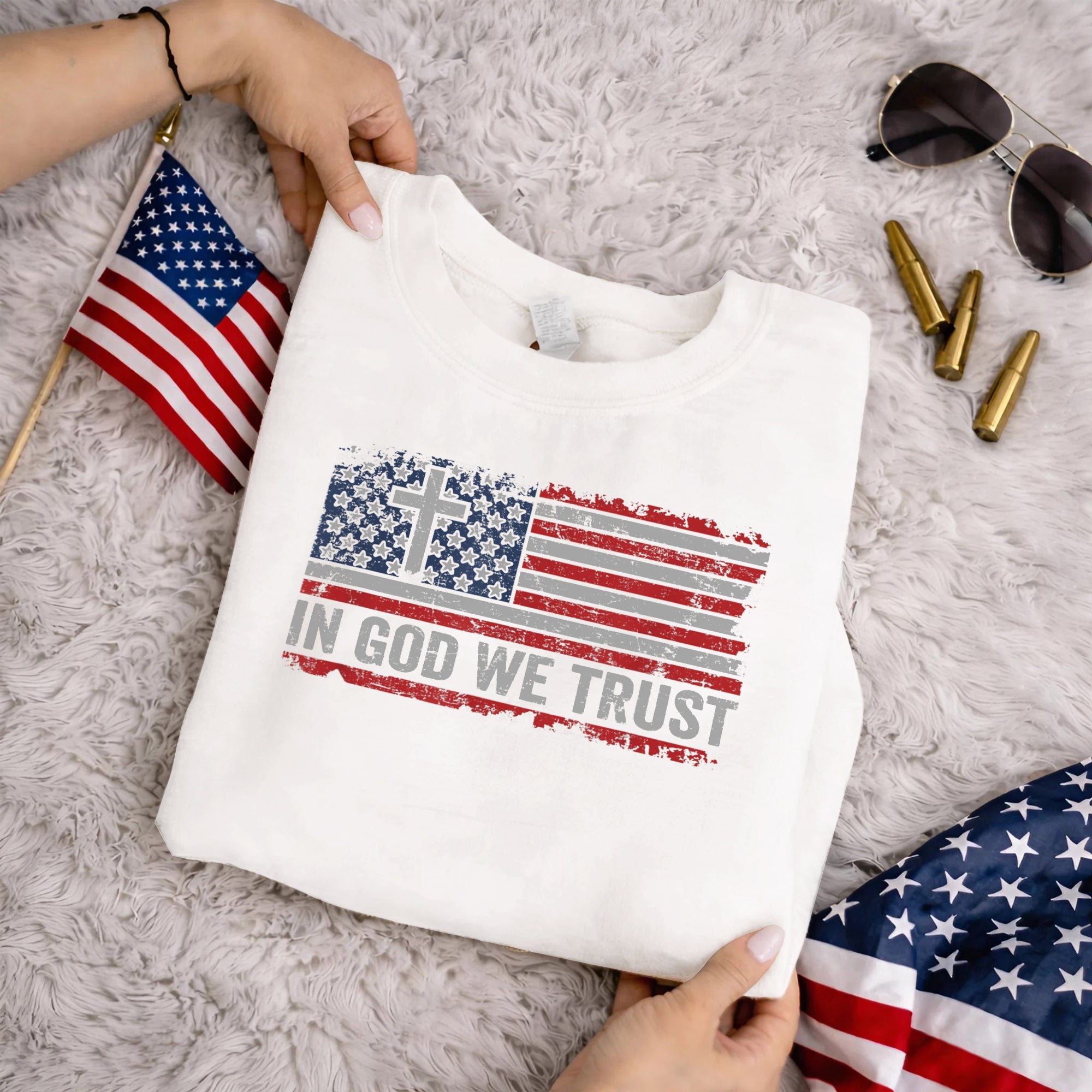 In God We Trust Cross American Flag – Faith & Freedom – Unisex Tshirt Gildan / Tshirt Comfort / V-neck/ Hoodie / Sweatshirt