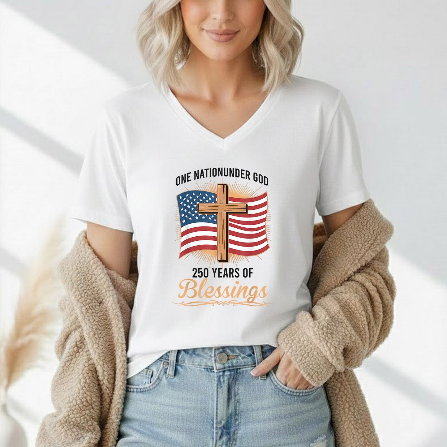 America 250 Blessings, Christian Flag Cross Design – Faith & Freedom – Unisex Tshirt Gildan / Tshirt Comfort / V-neck/ Hoodie / Sweatshirt