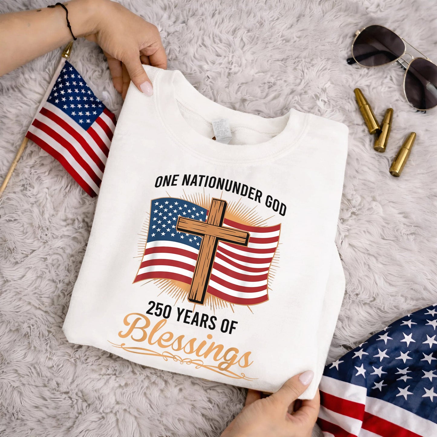America 250 Blessings, Christian Flag Cross Design – Faith & Freedom – Unisex Tshirt Gildan / Tshirt Comfort / V-neck/ Hoodie / Sweatshirt