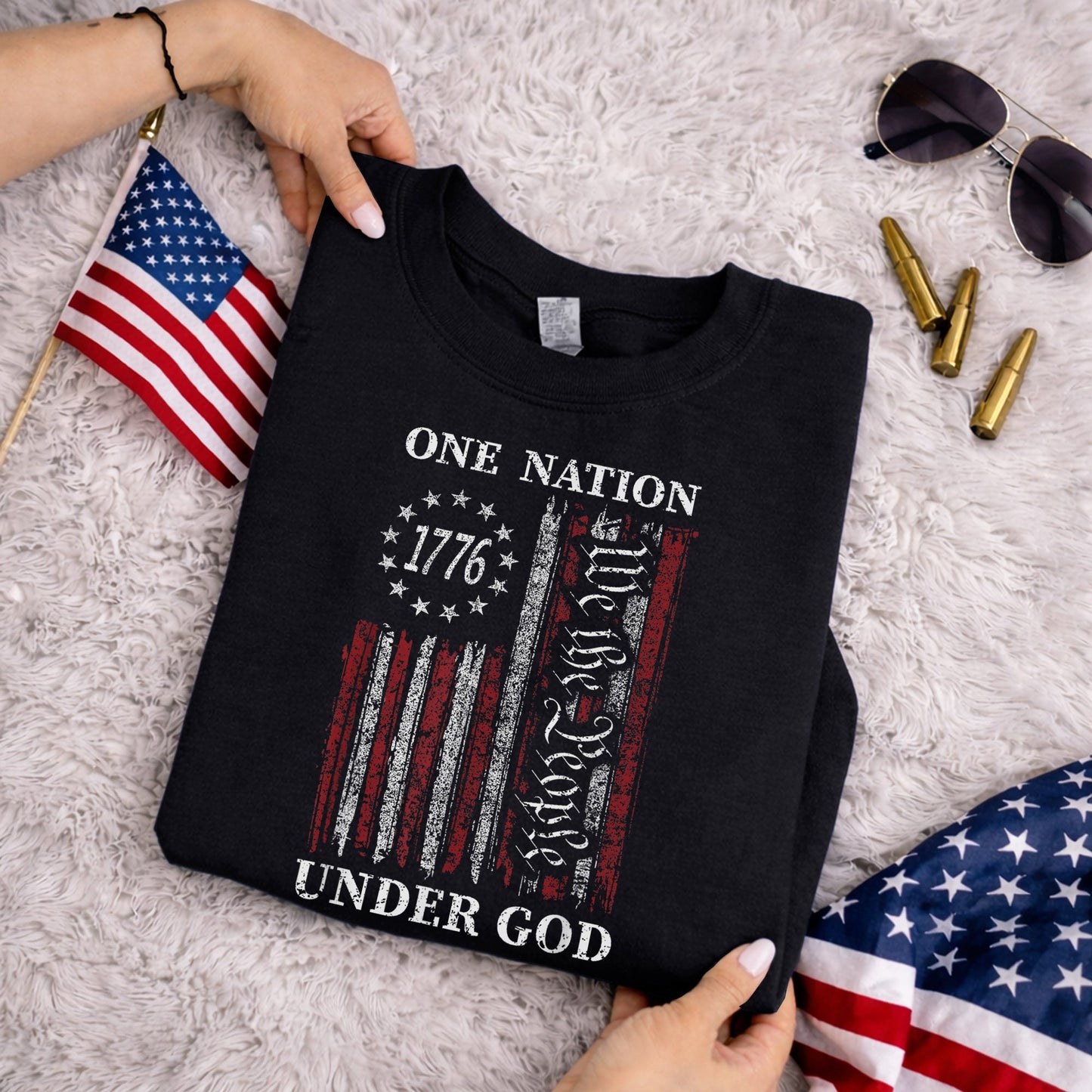 One Nation Under God, We The People 1776 Flag Design – Faith & Freedom – Unisex Tshirt Gildan / Tshirt Comfort / V-neck/ Hoodie / Sweatshirt