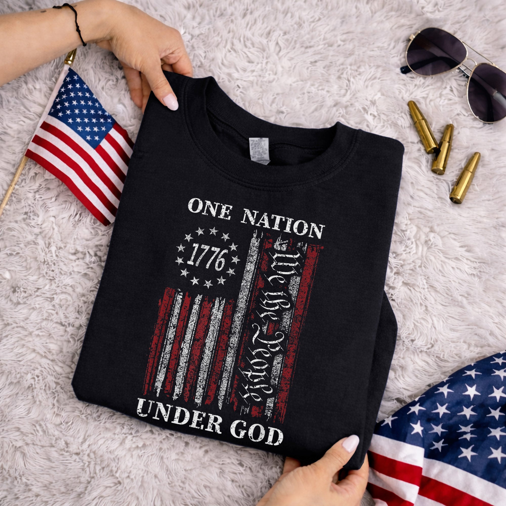 One Nation Under God, We The People 1776 Flag Design – Faith & Freedom – Unisex Tshirt Gildan / Tshirt Comfort / V-neck/ Hoodie / Sweatshirt