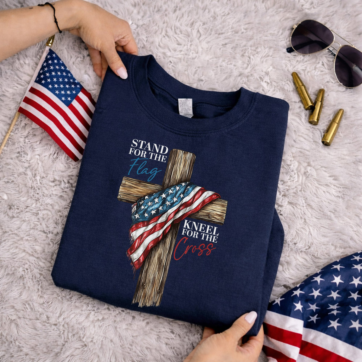 Stand for the Flag, Kneel for the Cross – Faith & Freedom – Unisex Tshirt Gildan / Tshirt Comfort / V-neck/ Hoodie / Sweatshirt