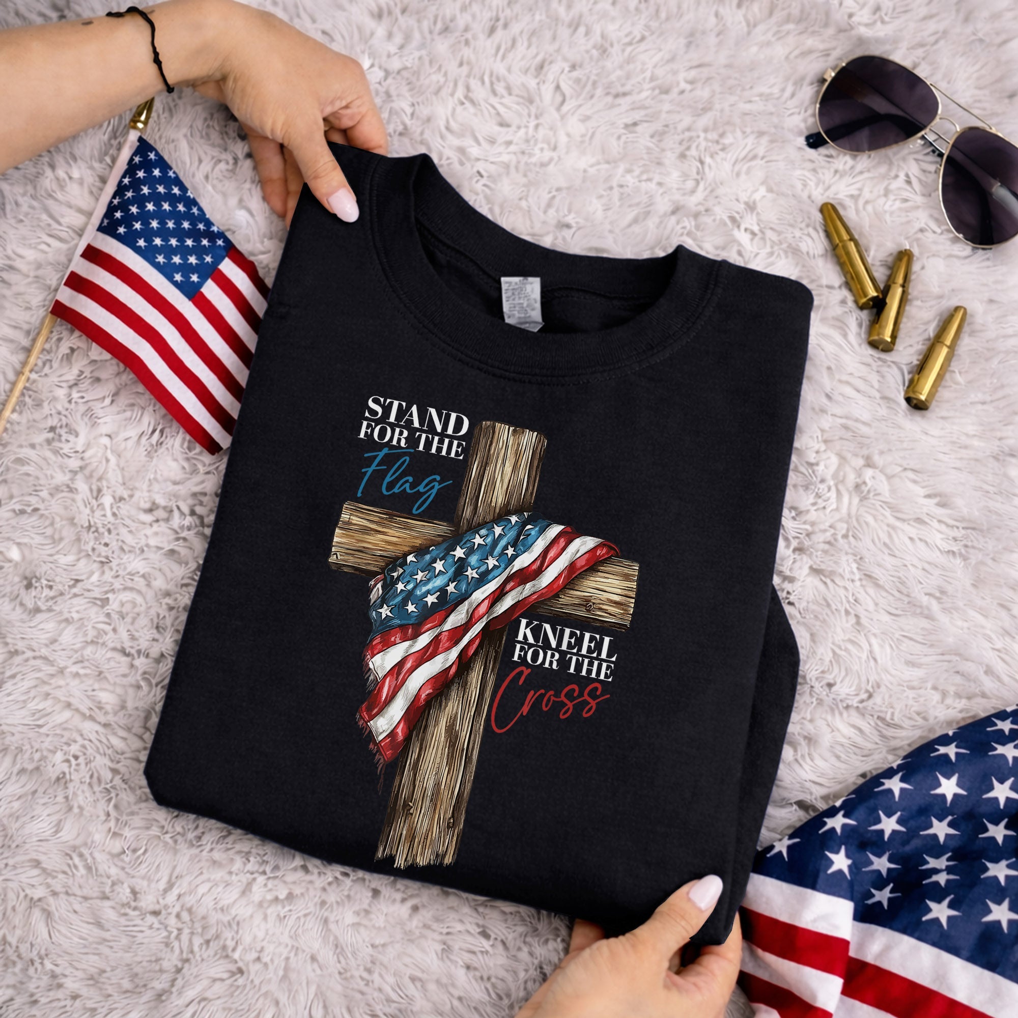 Stand for the Flag, Kneel for the Cross – Faith & Freedom – Unisex Tshirt Gildan / Tshirt Comfort / V-neck/ Hoodie / Sweatshirt