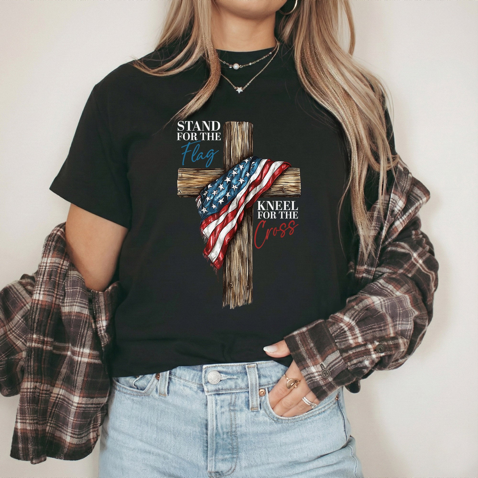 Stand for the Flag, Kneel for the Cross – Faith & Freedom – Unisex Tshirt Gildan / Tshirt Comfort / V-neck/ Hoodie / Sweatshirt