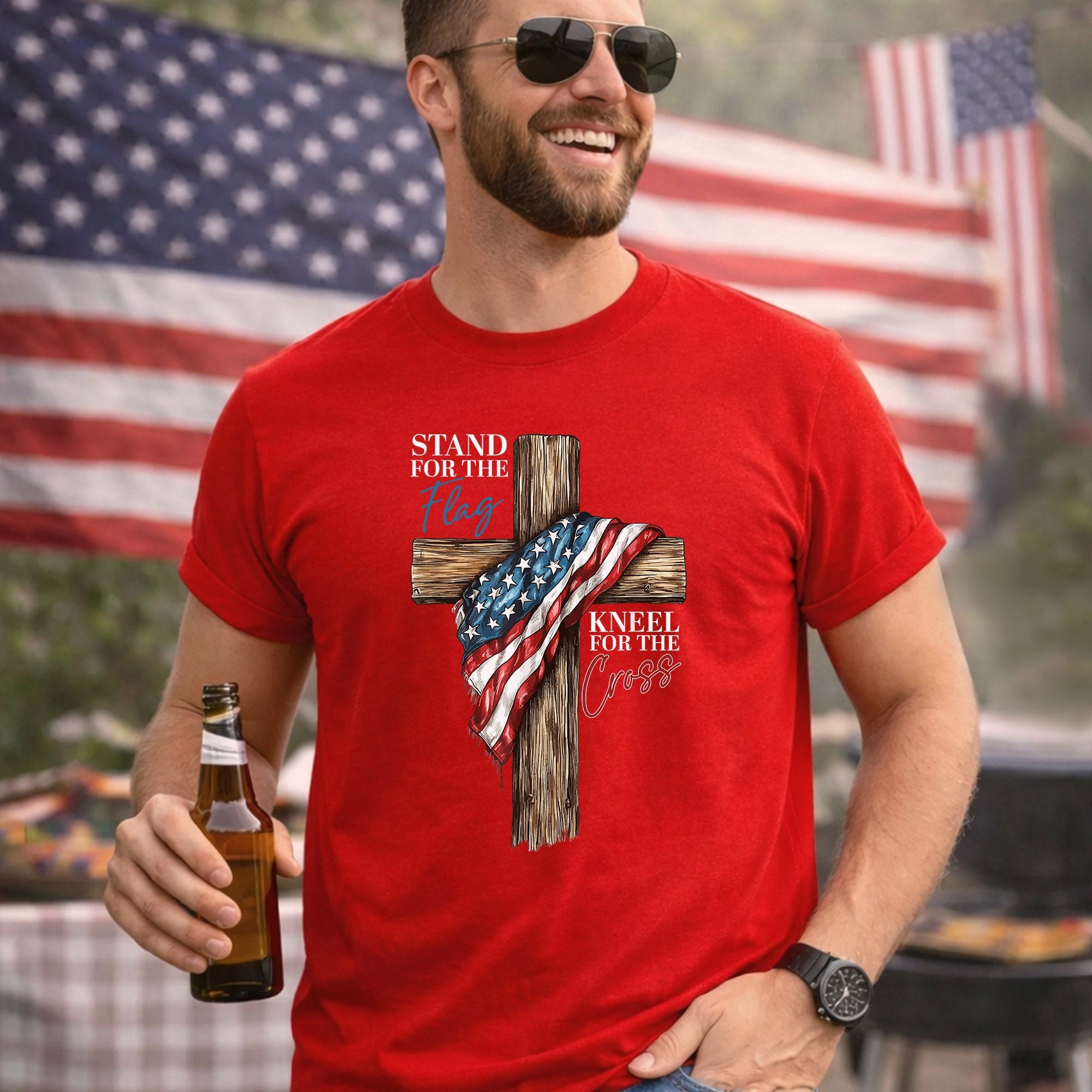 Stand for the Flag, Kneel for the Cross – Faith & Freedom – Unisex Tshirt Gildan / Tshirt Comfort / V-neck/ Hoodie / Sweatshirt