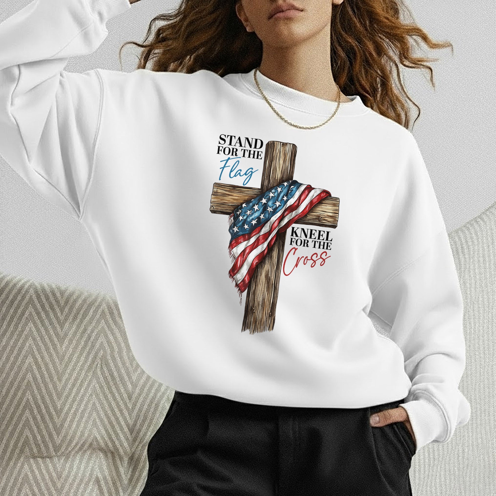 Stand for the Flag, Kneel for the Cross – Faith & Freedom – Unisex Tshirt Gildan / Tshirt Comfort / V-neck/ Hoodie / Sweatshirt
