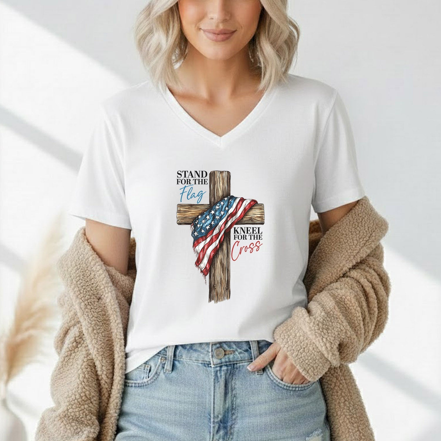 Stand for the Flag, Kneel for the Cross – Faith & Freedom – Unisex Tshirt Gildan / Tshirt Comfort / V-neck/ Hoodie / Sweatshirt
