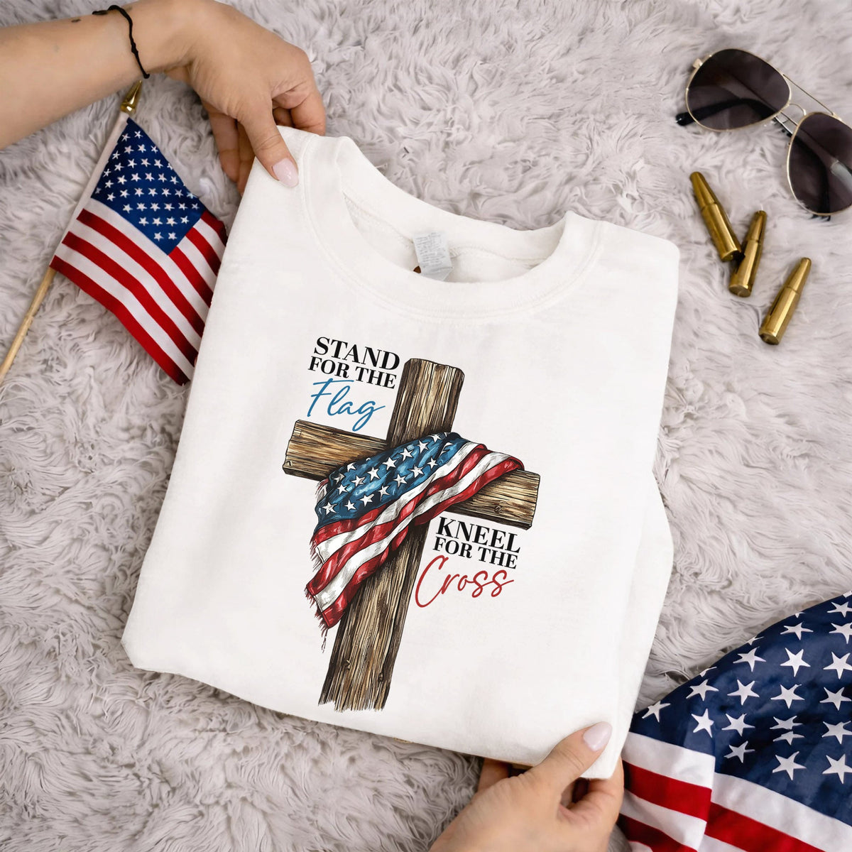 Stand for the Flag, Kneel for the Cross – Faith & Freedom – Unisex Tshirt Gildan / Tshirt Comfort / V-neck/ Hoodie / Sweatshirt