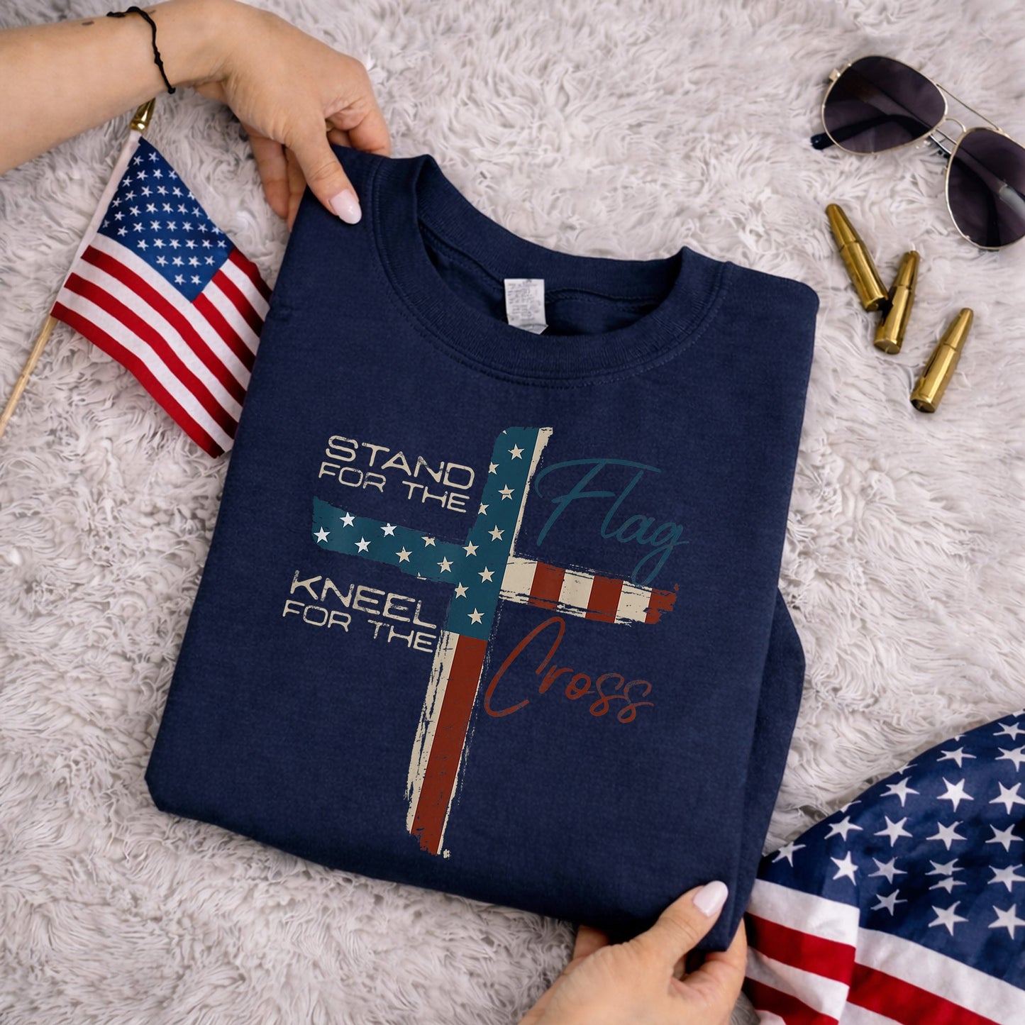 Kneel for the Cross Flag – Faith & Freedom – Unisex Tshirt Gildan / Tshirt Comfort / V-neck/ Hoodie / Sweatshirt