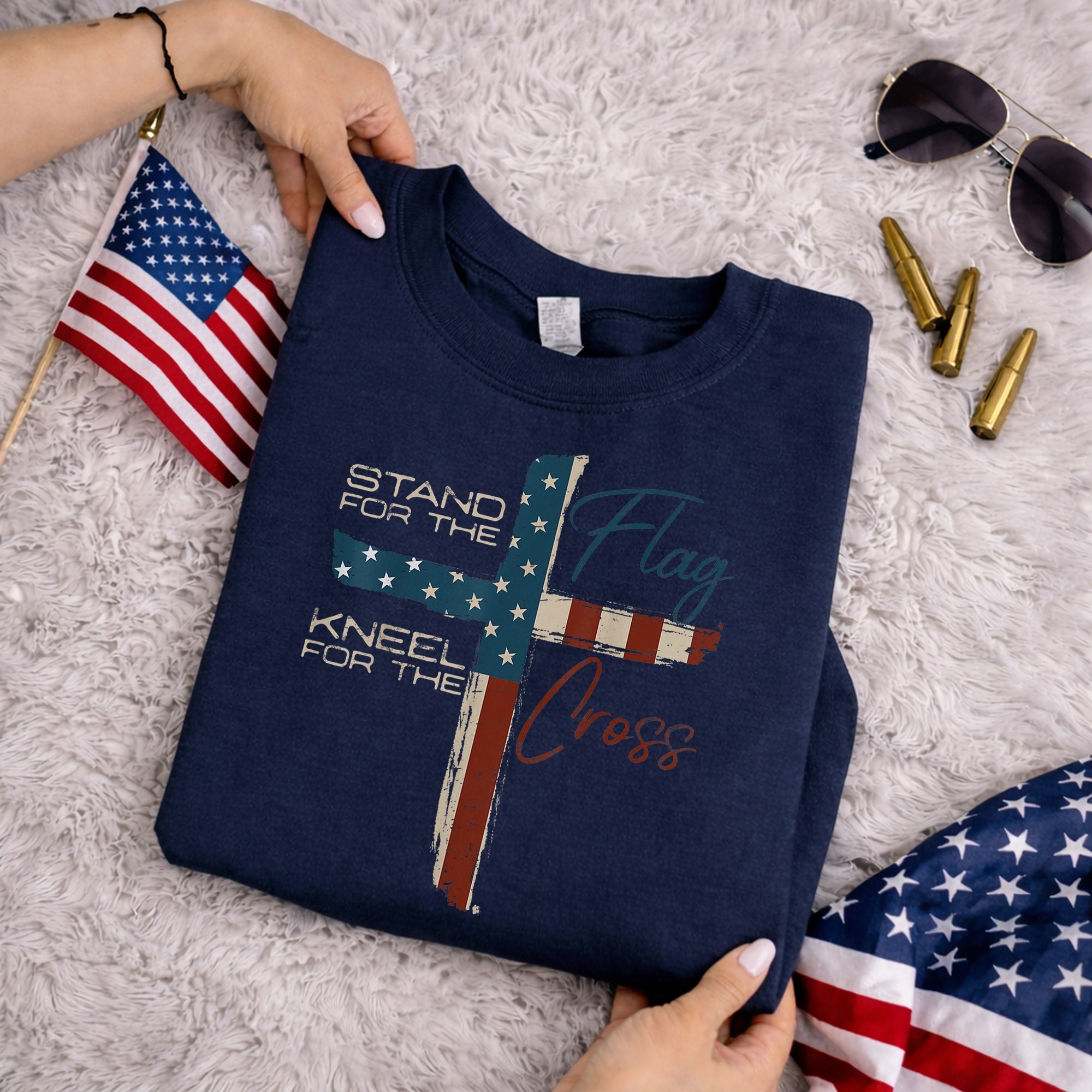 Kneel for the Cross Flag – Faith & Freedom – Unisex Tshirt Gildan / Tshirt Comfort / V-neck/ Hoodie / Sweatshirt