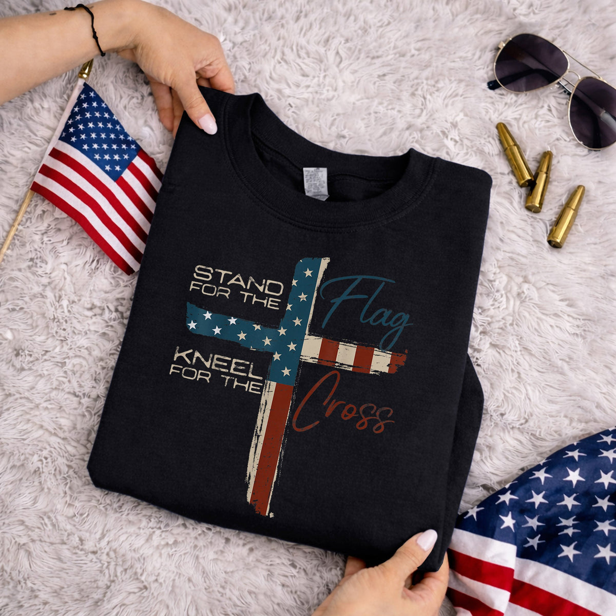 Kneel for the Cross Flag – Faith & Freedom – Unisex Tshirt Gildan / Tshirt Comfort / V-neck/ Hoodie / Sweatshirt