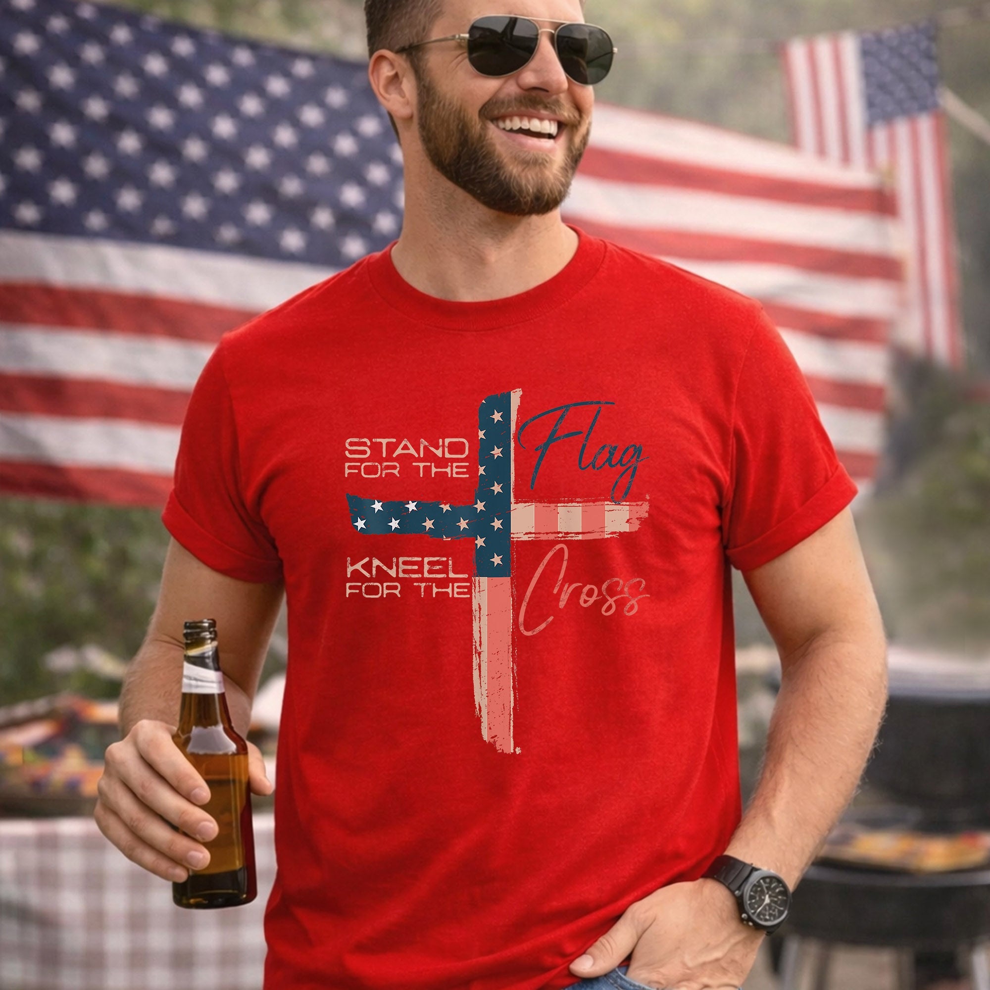 Kneel for the Cross Flag – Faith & Freedom – Unisex Tshirt Gildan / Tshirt Comfort / V-neck/ Hoodie / Sweatshirt